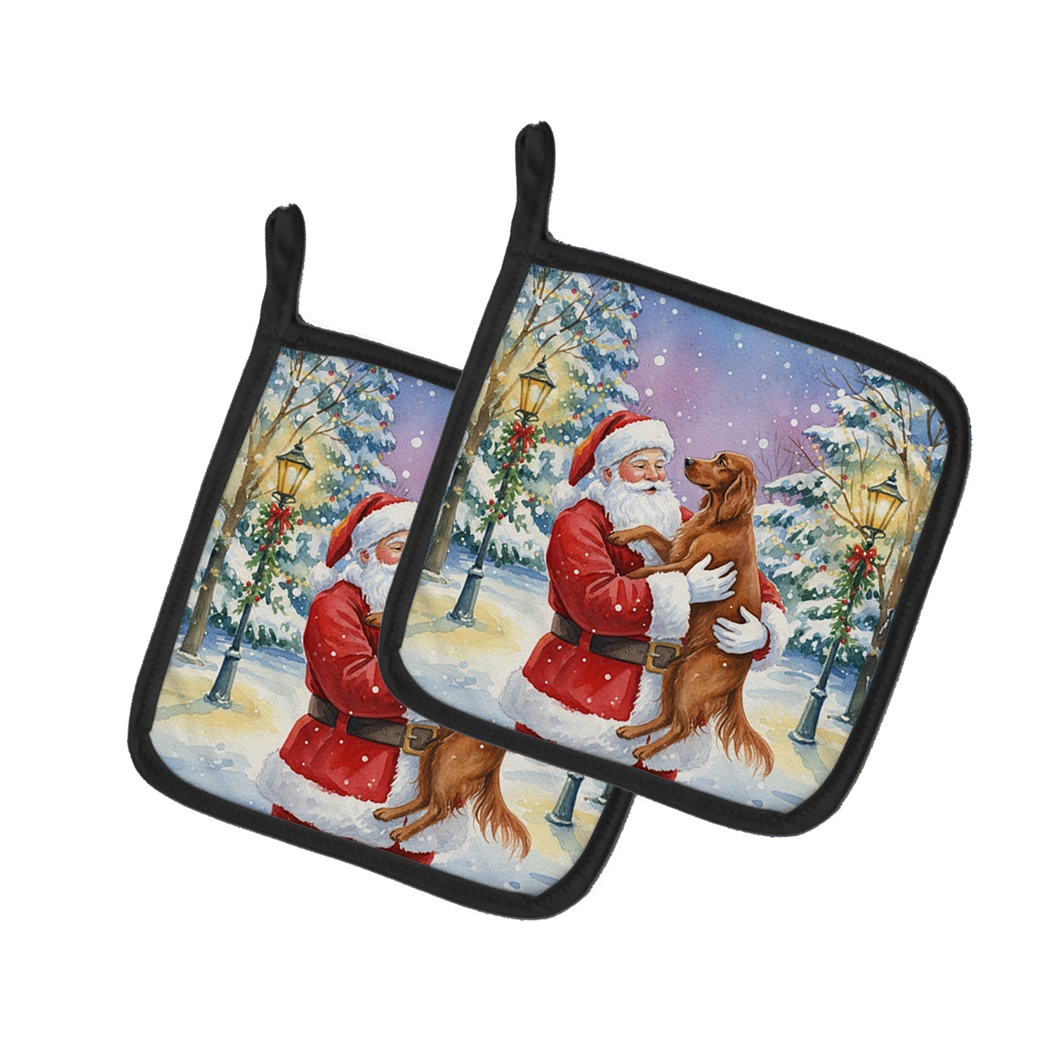 Irish Setter with Santa Claus Pot Holder Set of 2 Heat Resistant Quilted Hot Pads 7.5 x 7.5 Inch, Insulated Kitchen Trivets for Cooking & Baking