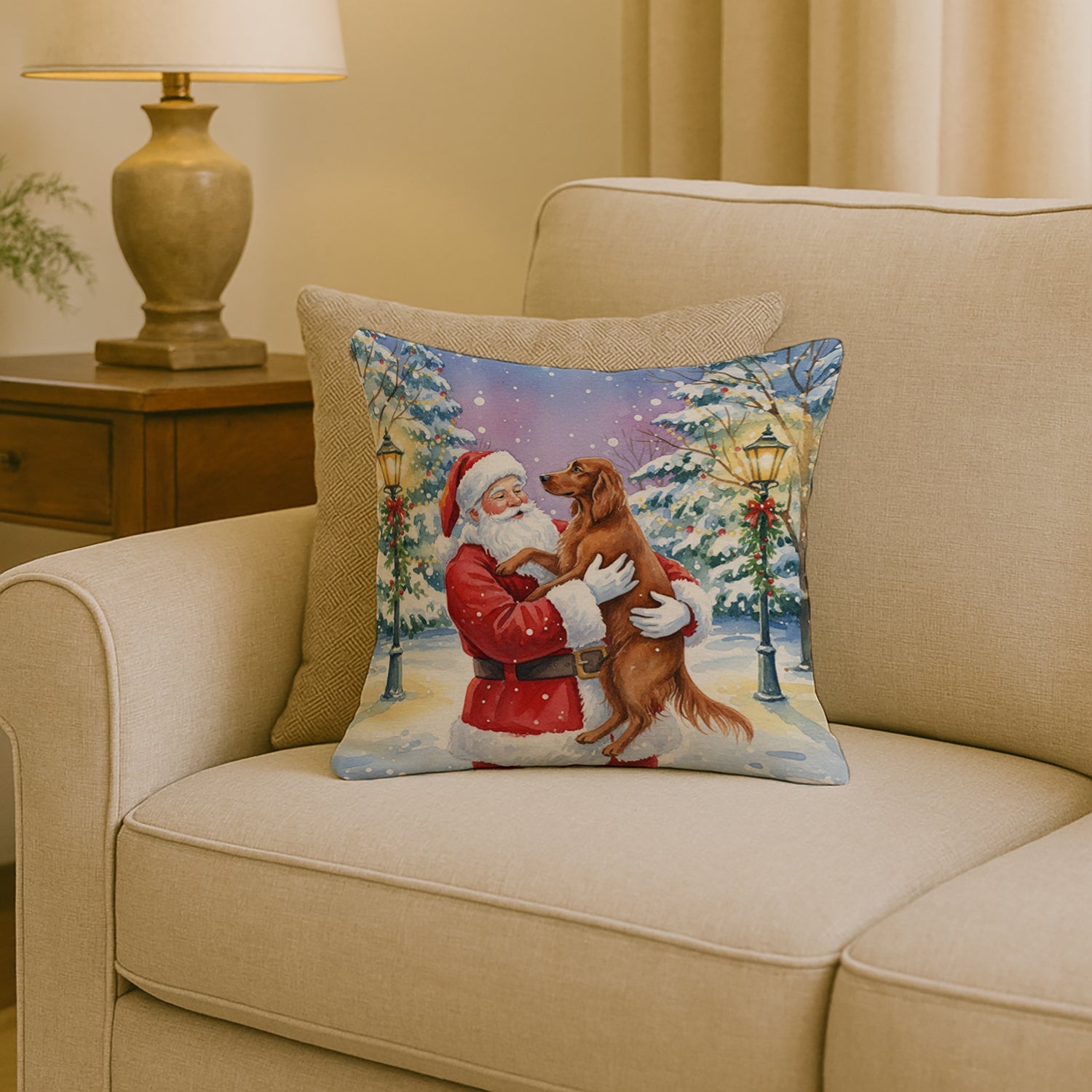 Irish Setter with Santa Claus Decorative Throw Pillow 18x18 Indoor Outdoor Accent Cushion, Fabric Cover with Insert for Sofa, Bed, Porch & Living Room