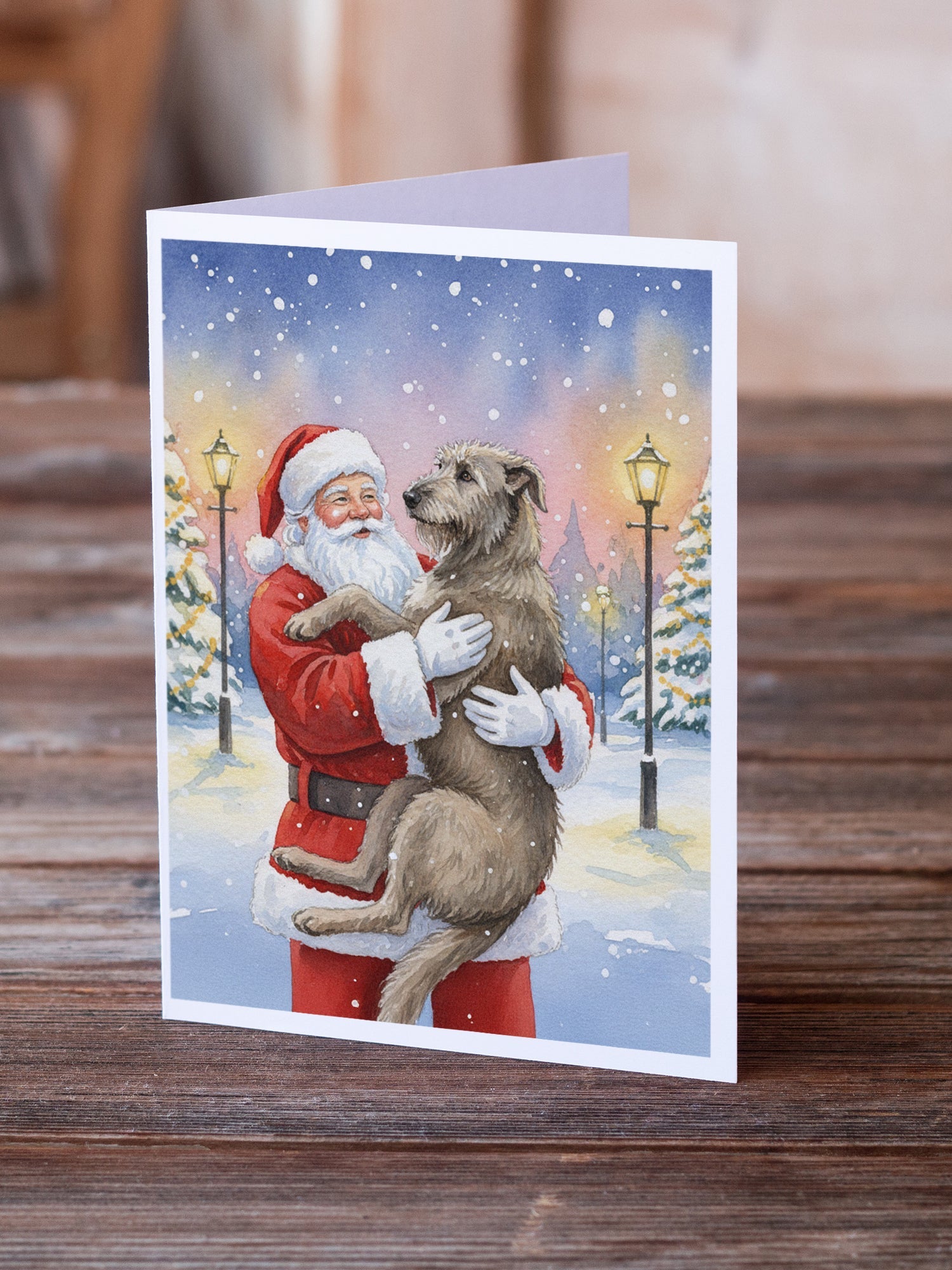Irish Wolfhound with Santa Claus Greeting Cards Pack of 8 Blank Cards with Envelopes Whimsical A7 Size 5x7