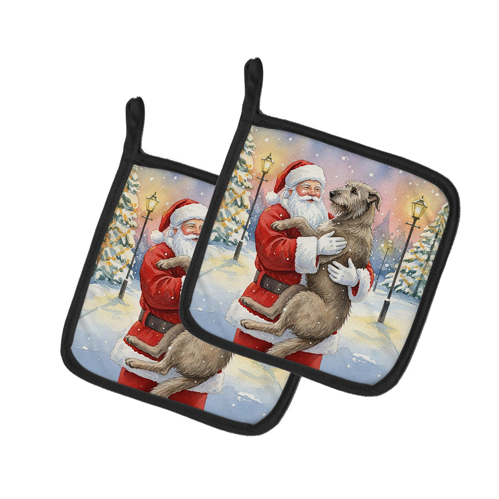 Irish Wolfhound with Santa Claus Pot Holder Set of 2 Heat Resistant Quilted Hot Pads 7.5 x 7.5 Inch, Insulated Kitchen Trivets for Cooking & Baking