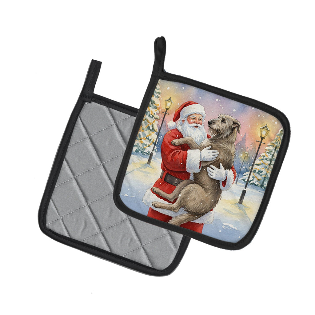 Irish Wolfhound with Santa Claus Pot Holder Set of 2 Heat Resistant Quilted Hot Pads 7.5 x 7.5 Inch, Insulated Kitchen Trivets for Cooking & Baking