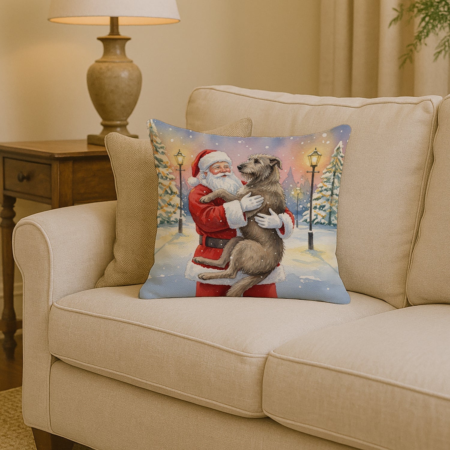 Irish Wolfhound with Santa Claus Decorative Throw Pillow 14x14 Indoor Outdoor Accent Cushion, Fabric Cover with Insert for Sofa, Bed, Porch & Living Room
