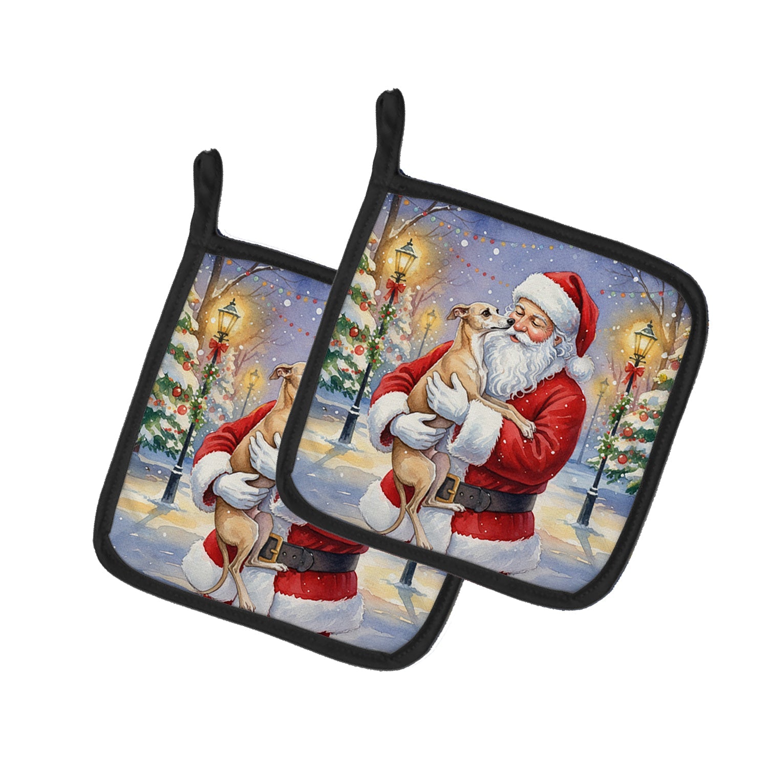 Italian Greyhound with Santa Claus Pot Holder Set of 2 Heat Resistant Quilted Hot Pads 7.5 x 7.5 Inch, Insulated Kitchen Trivets for Cooking & Baking