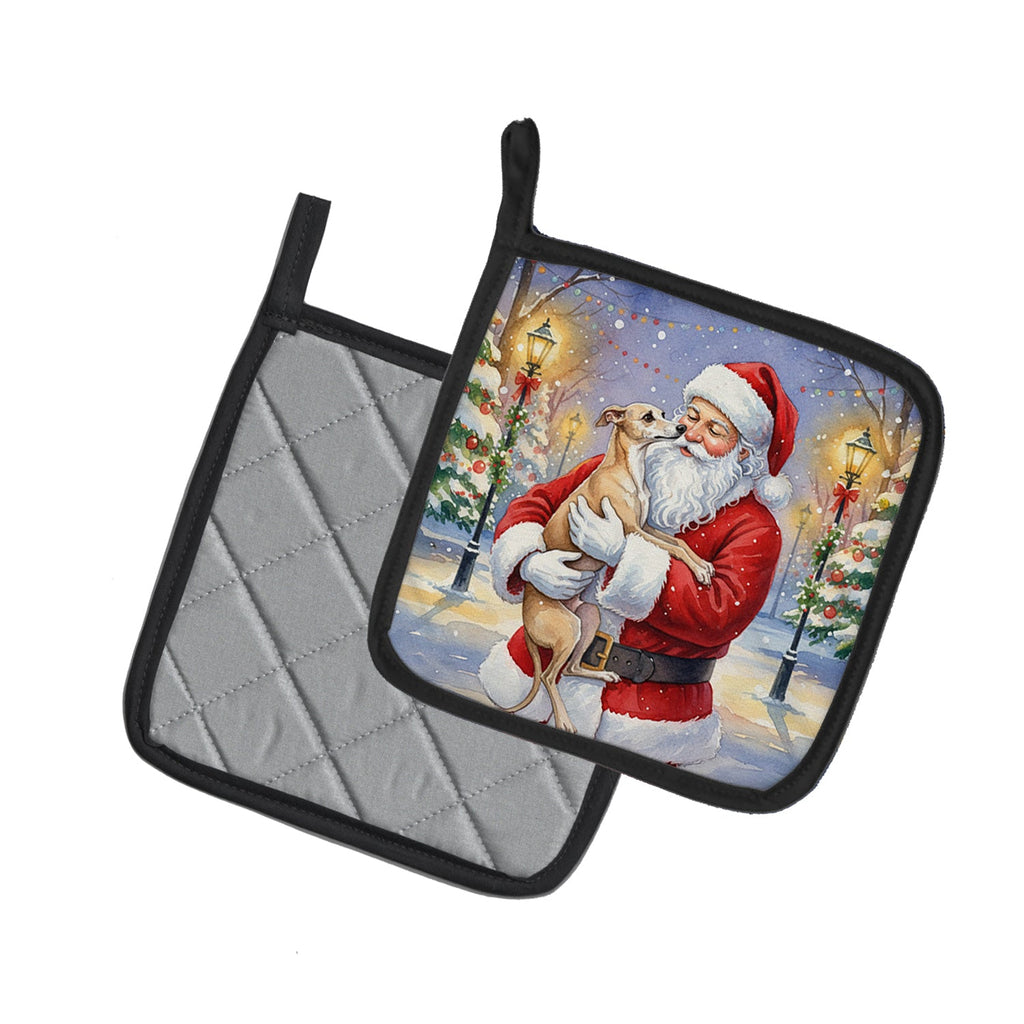 Italian Greyhound with Santa Claus Pot Holder Set of 2 Heat Resistant Quilted Hot Pads 7.5 x 7.5 Inch, Insulated Kitchen Trivets for Cooking & Baking