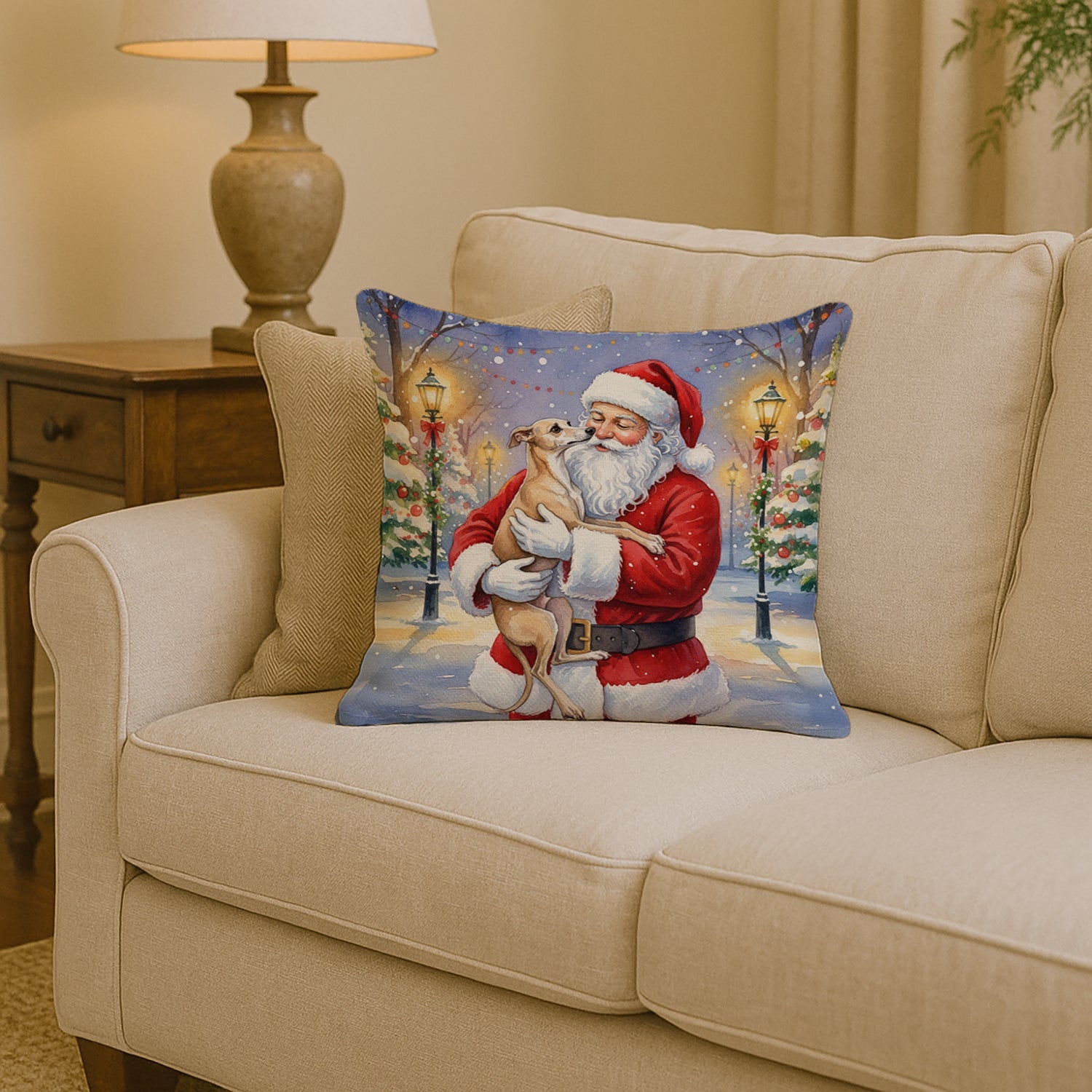 Italian Greyhound with Santa Claus Decorative Throw Pillow 14x14 Indoor Outdoor Accent Cushion, Fabric Cover with Insert for Sofa, Bed, Porch & Living Room