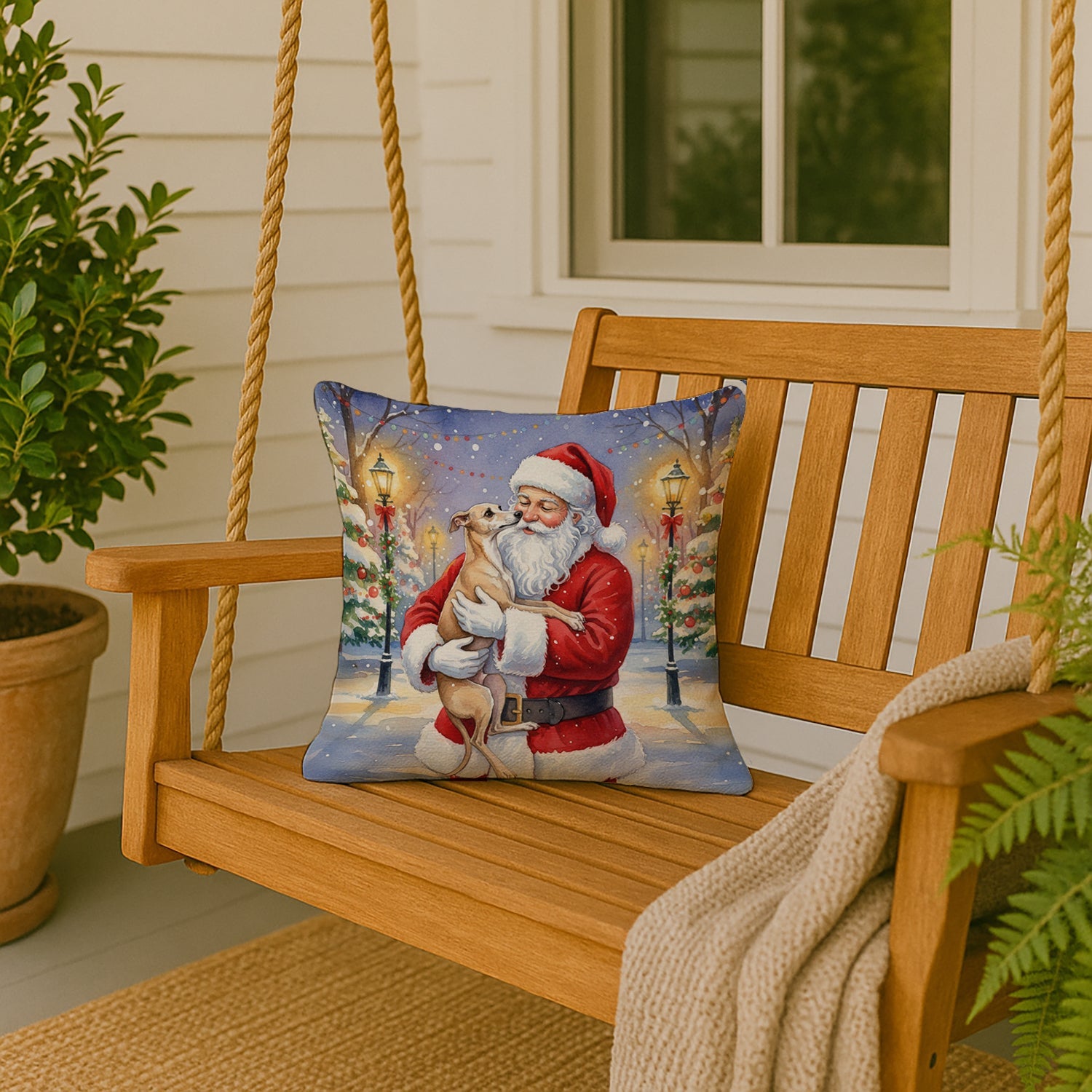 Italian Greyhound with Santa Claus Decorative Throw Pillow 18x18 Indoor Outdoor Accent Cushion, Fabric Cover with Insert for Sofa, Bed, Porch & Living Room