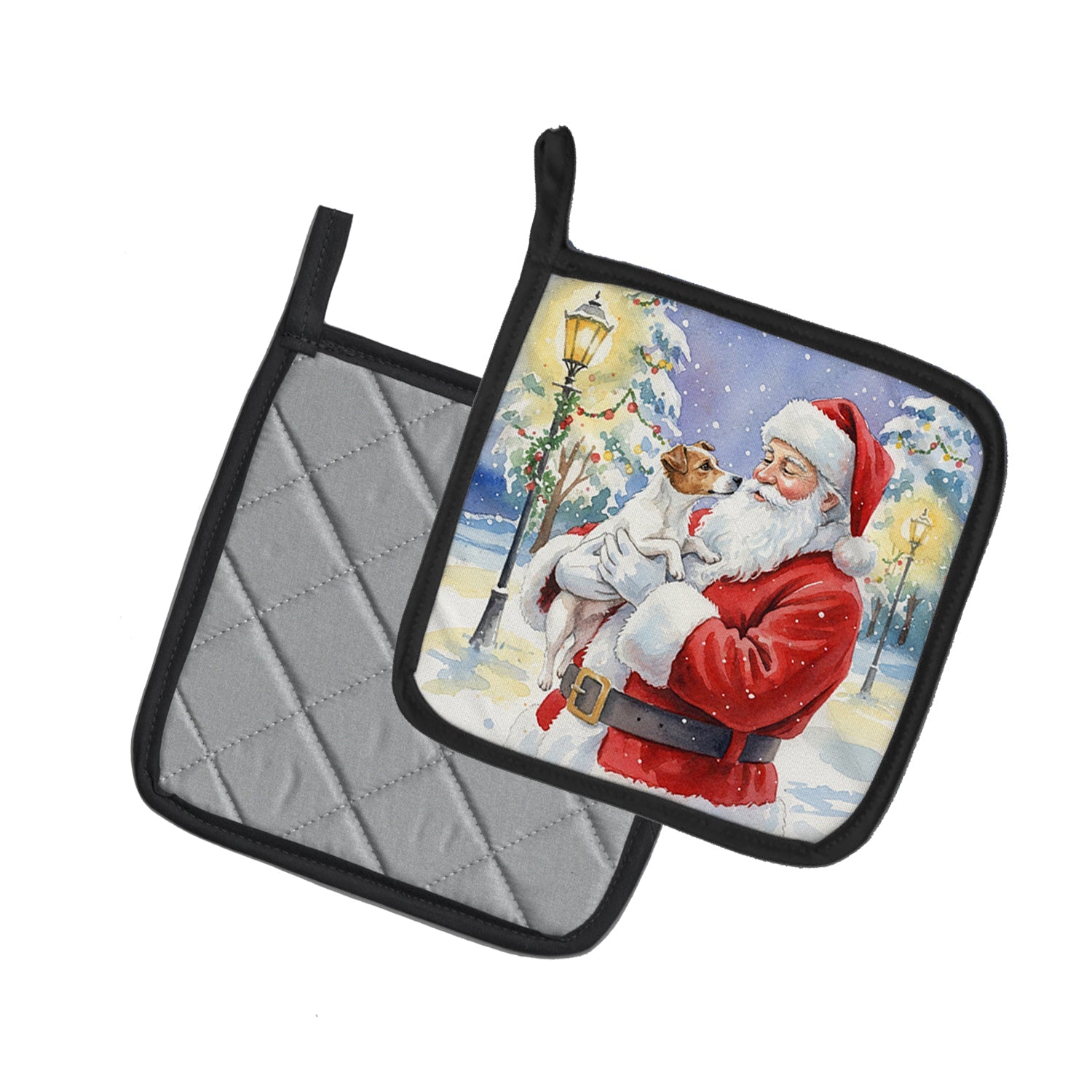 Jack Russell Terrier with Santa Claus Pot Holder Set of 2 Heat Resistant Quilted Hot Pads 7.5 x 7.5 Inch, Insulated Kitchen Trivets for Cooking & Baking