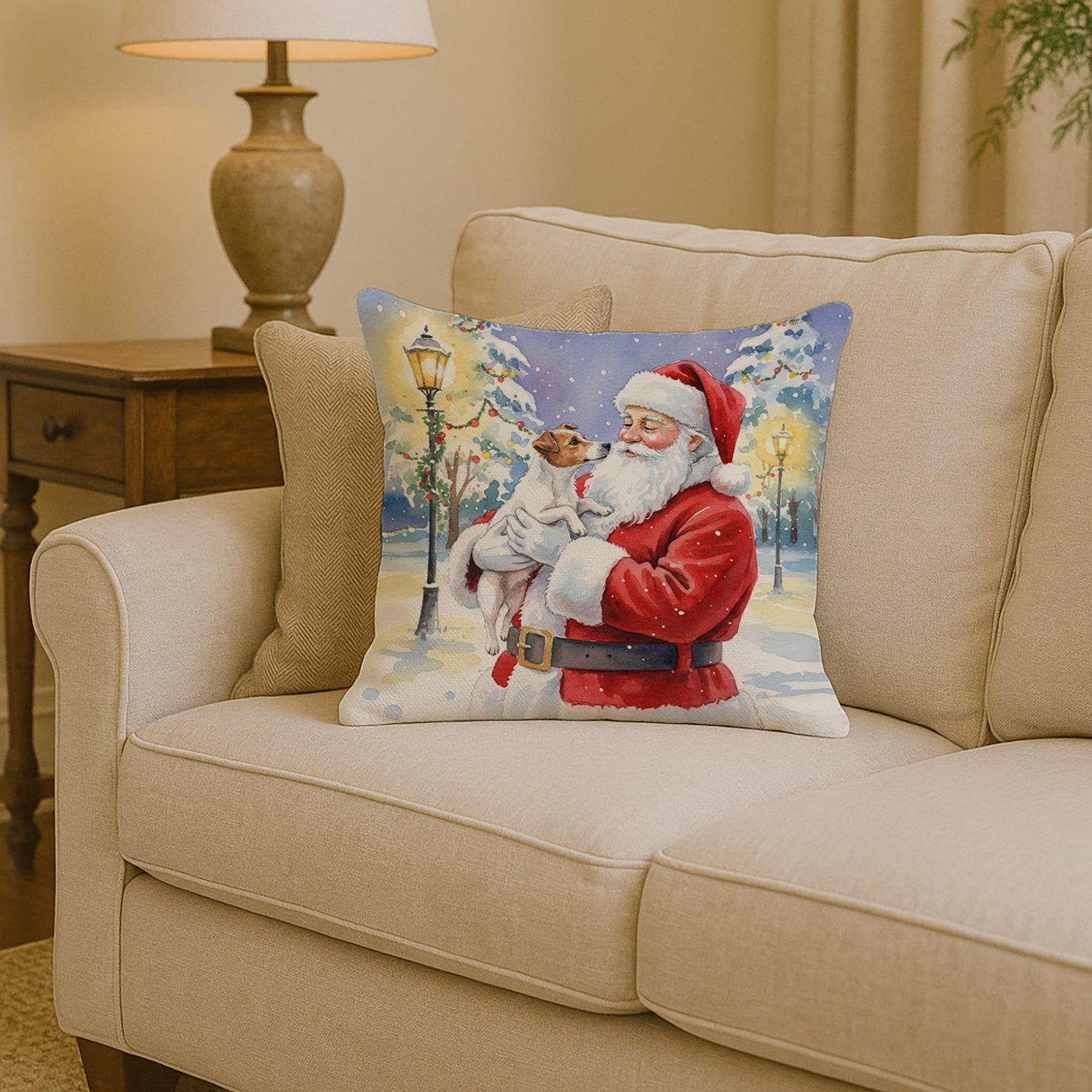 Jack Russell Terrier with Santa Claus Decorative Throw Pillow 14x14 Indoor Outdoor Accent Cushion, Fabric Cover with Insert for Sofa, Bed, Porch & Living Room