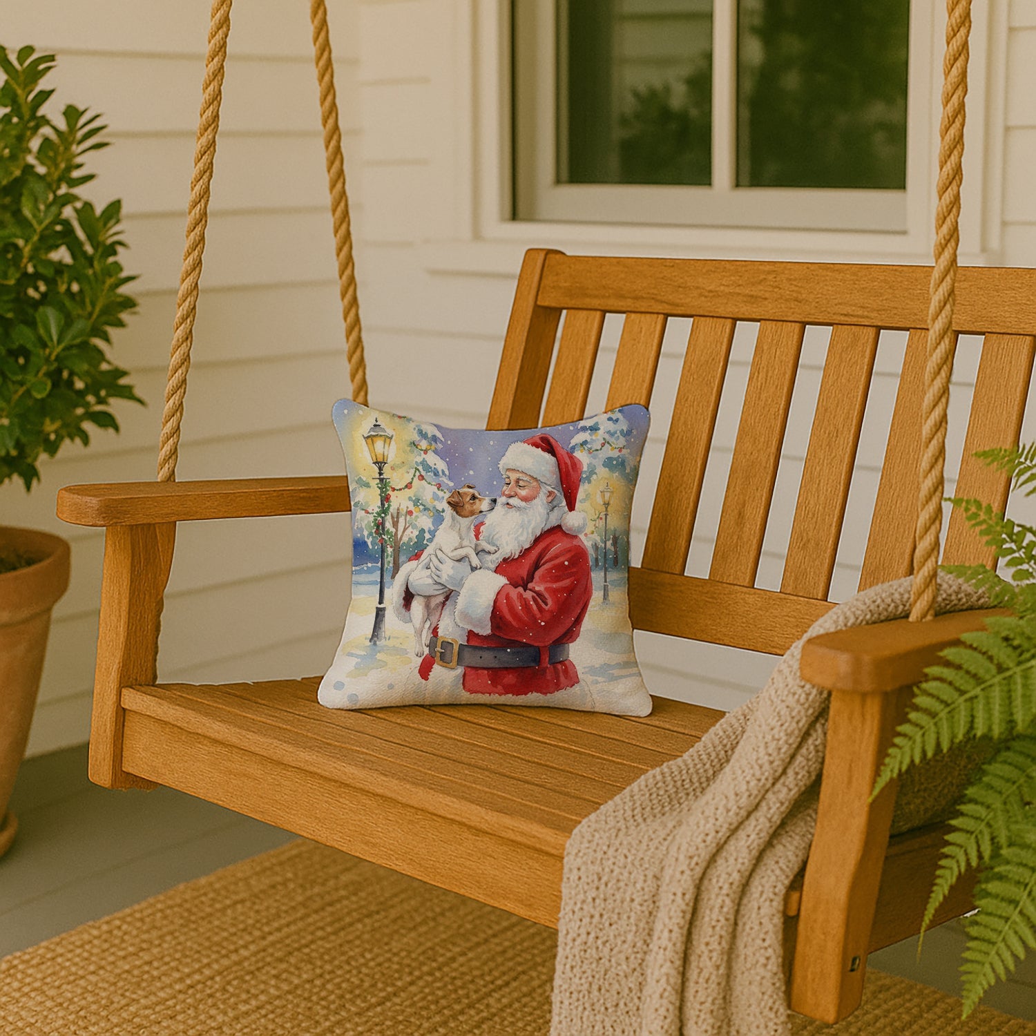 Jack Russell Terrier with Santa Claus Decorative Throw Pillow 14x14 Indoor Outdoor Accent Cushion, Fabric Cover with Insert for Sofa, Bed, Porch & Living Room