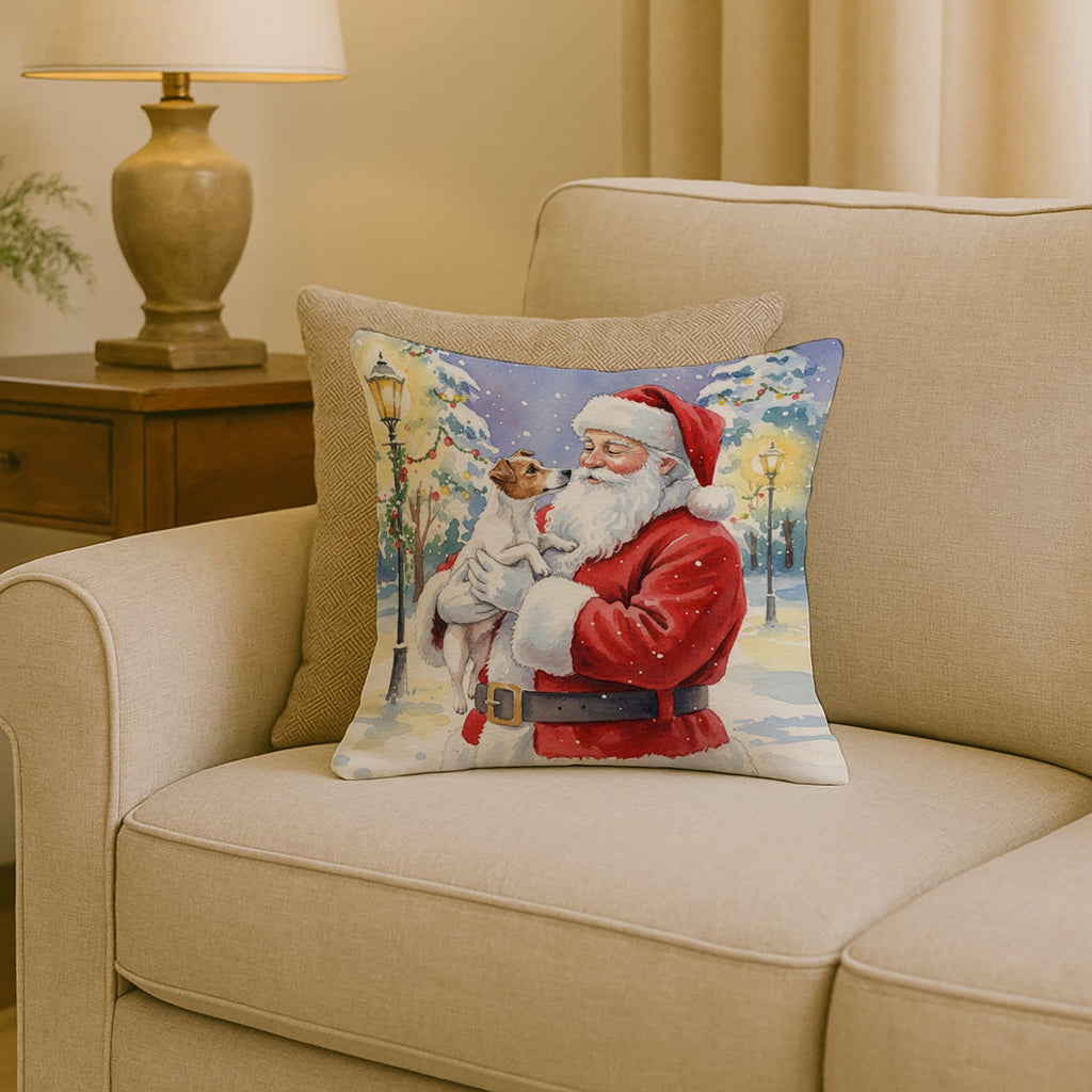 Jack Russell Terrier with Santa Claus Decorative Throw Pillow 18x18 Indoor Outdoor Accent Cushion, Fabric Cover with Insert for Sofa, Bed, Porch & Living Room