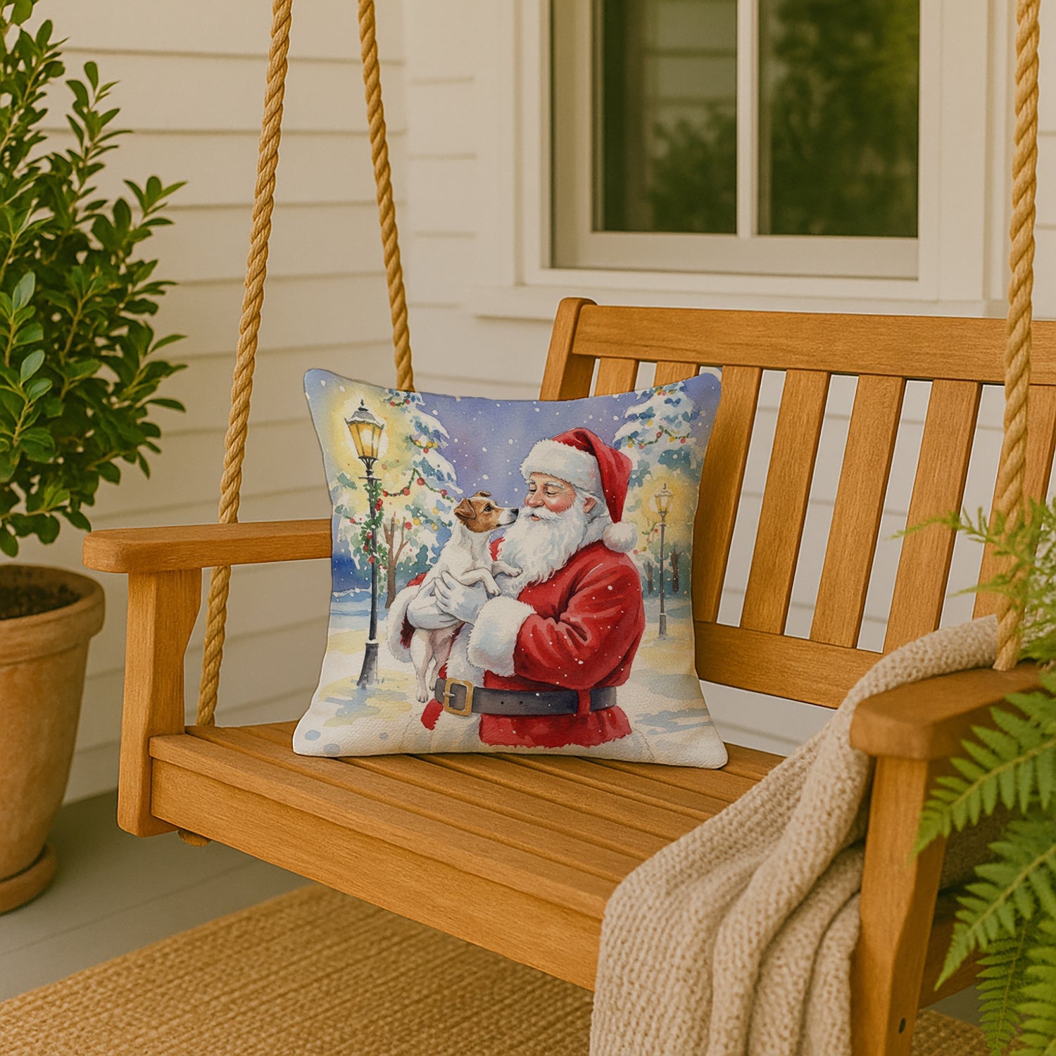 Jack Russell Terrier with Santa Claus Decorative Throw Pillow 18x18 Indoor Outdoor Accent Cushion, Fabric Cover with Insert for Sofa, Bed, Porch & Living Room