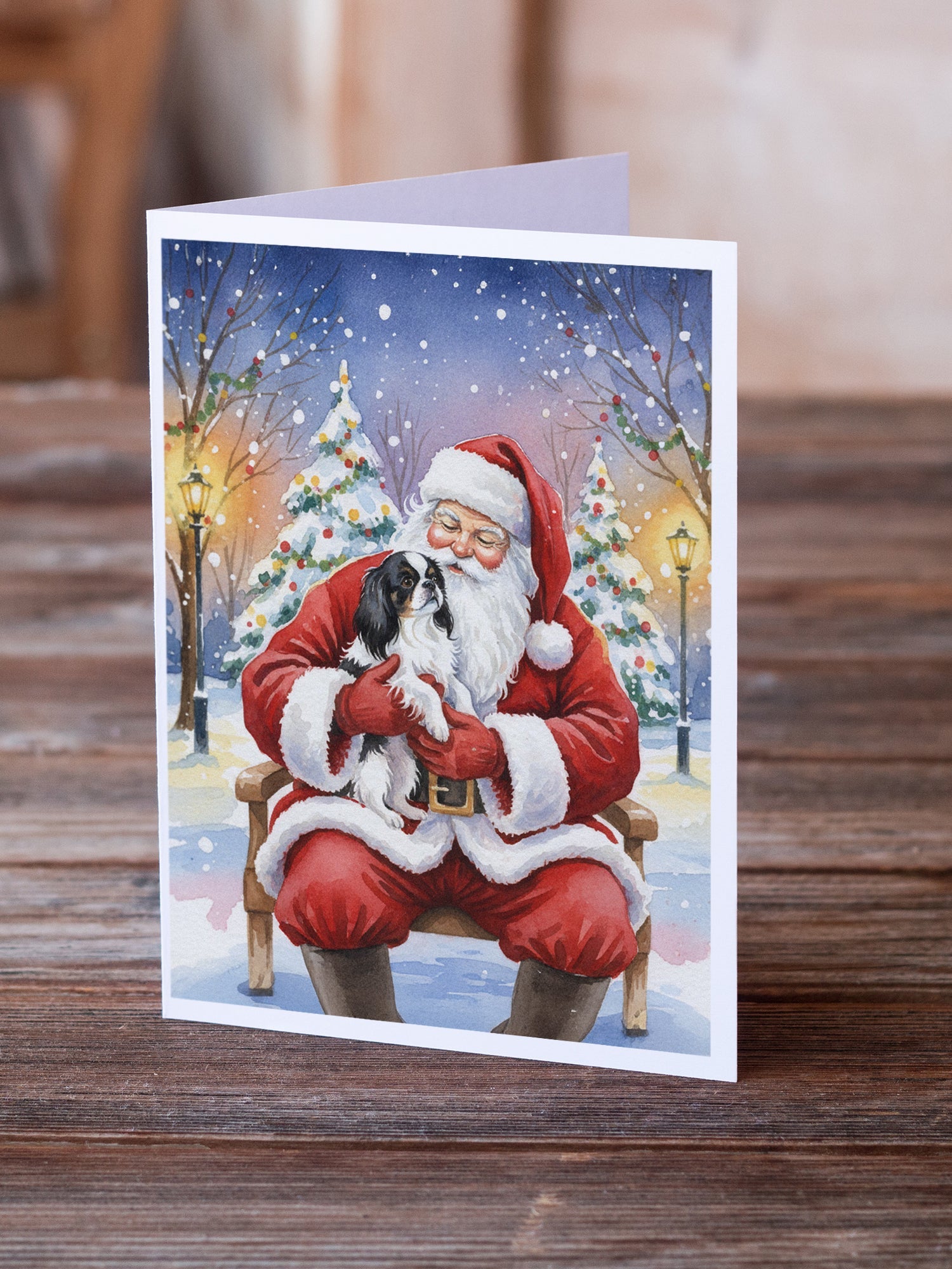 Japanese Chin with Santa Claus Greeting Cards Pack of 8 Blank Cards with Envelopes Whimsical A7 Size 5x7