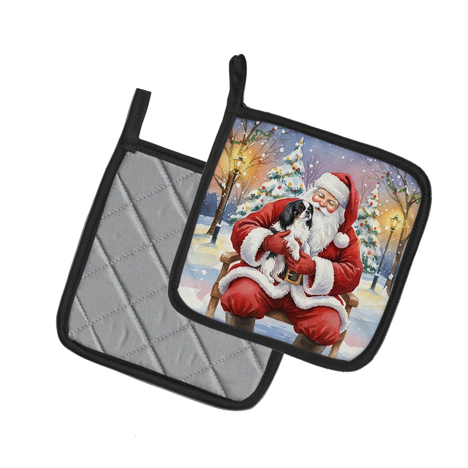 Japanese Chin with Santa Claus Pot Holder Set of 2 Heat Resistant Quilted Hot Pads 7.5 x 7.5 Inch, Insulated Kitchen Trivets for Cooking & Baking