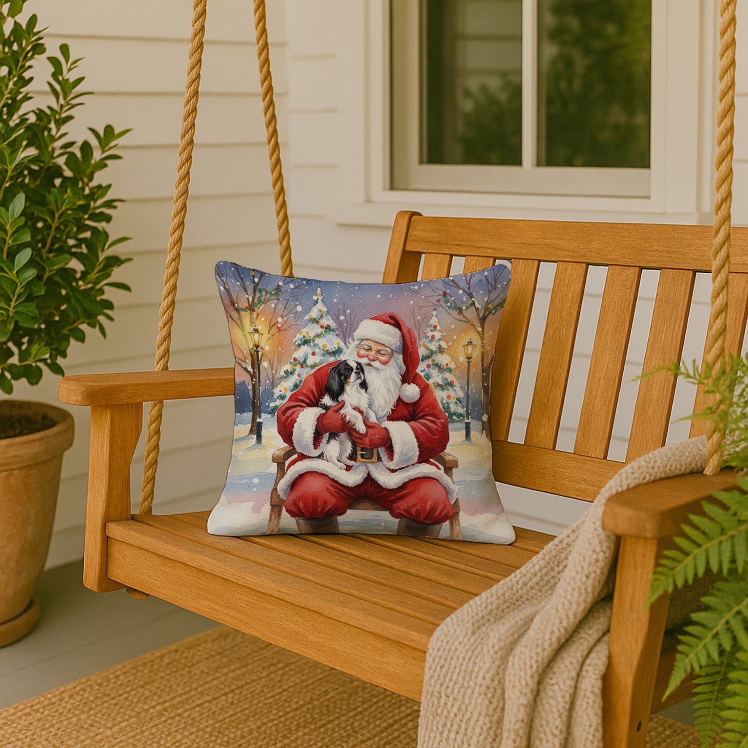 Japanese Chin with Santa Claus Decorative Throw Pillow 18x18 Indoor Outdoor Accent Cushion, Fabric Cover with Insert for Sofa, Bed, Porch & Living Room