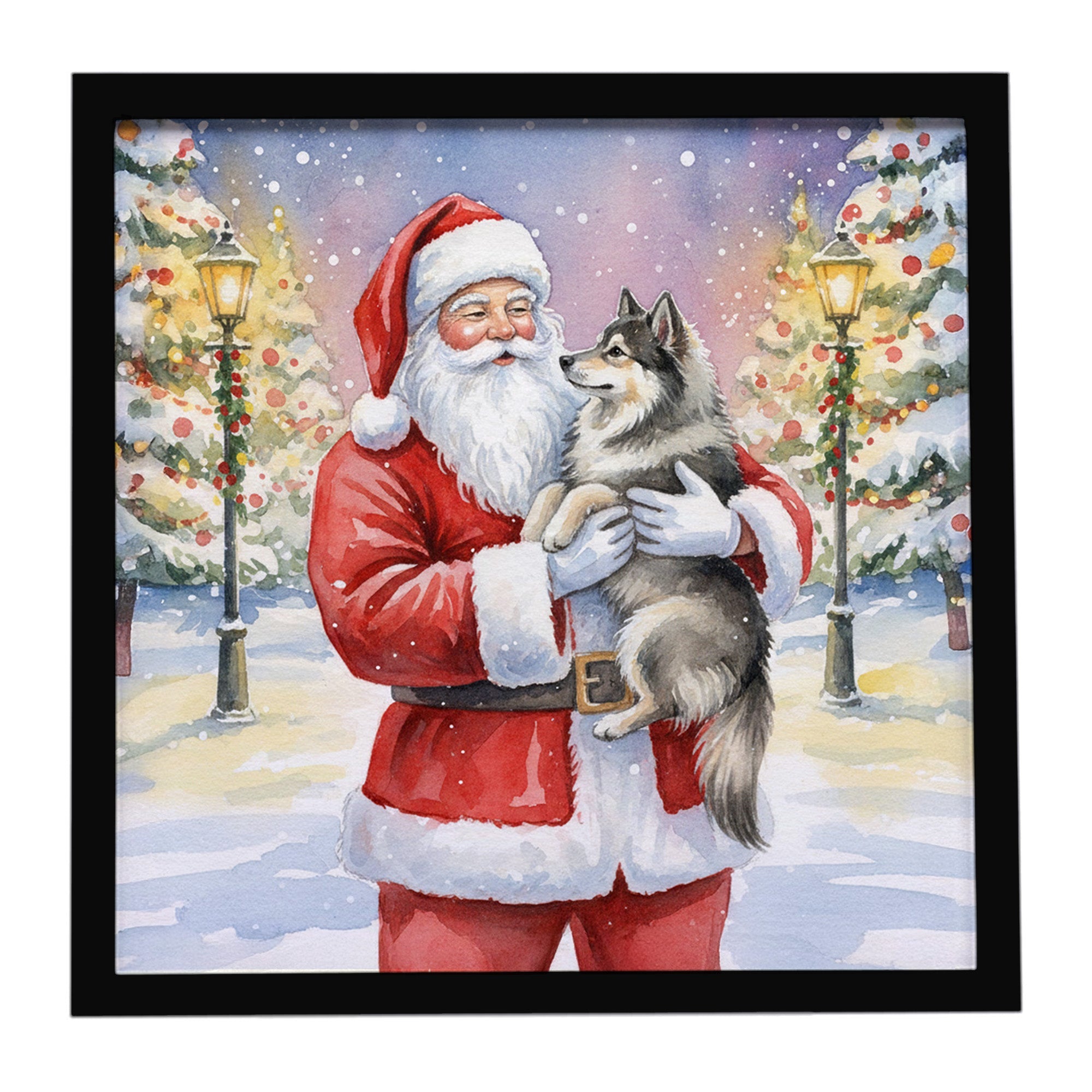 Keeshond with Santa Claus Framed Metal Print Bathroom, Kitchen, Office, Home Decor Wall Art Ready to Hang, Square, 8X8