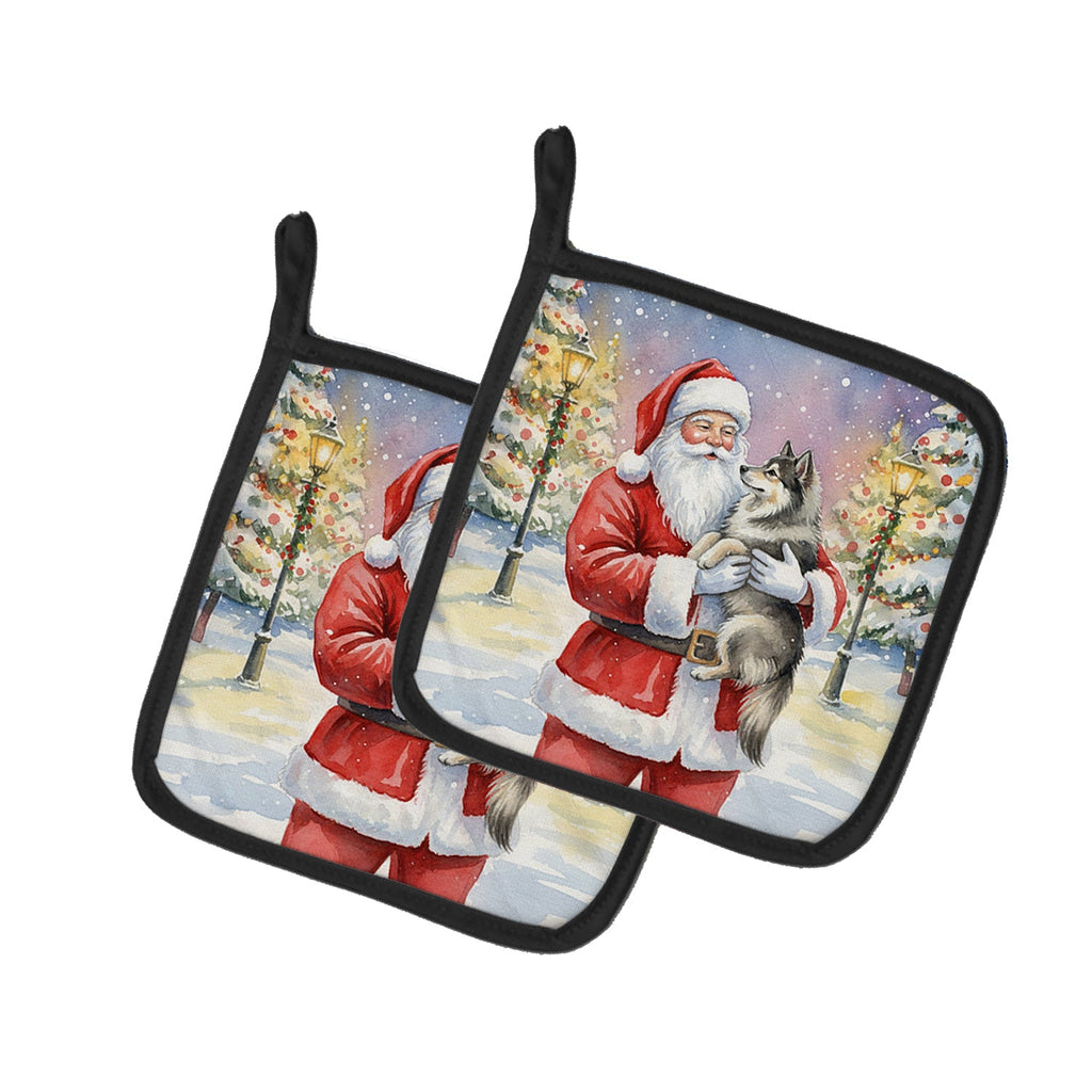 Keeshond with Santa Claus Pot Holder Set of 2 Heat Resistant Quilted Hot Pads 7.5 x 7.5 Inch, Insulated Kitchen Trivets for Cooking & Baking