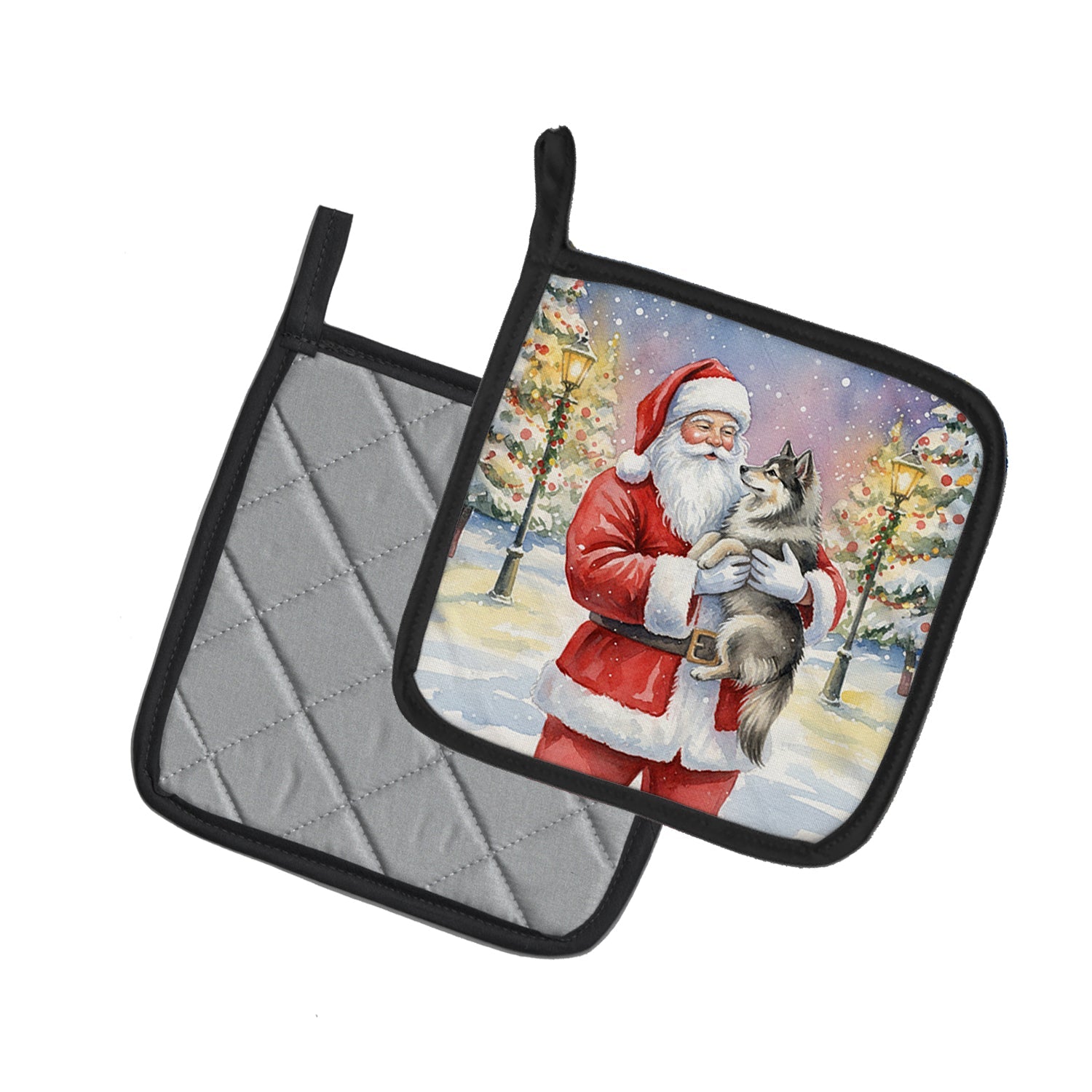 Keeshond with Santa Claus Pot Holder Set of 2 Heat Resistant Quilted Hot Pads 7.5 x 7.5 Inch, Insulated Kitchen Trivets for Cooking & Baking
