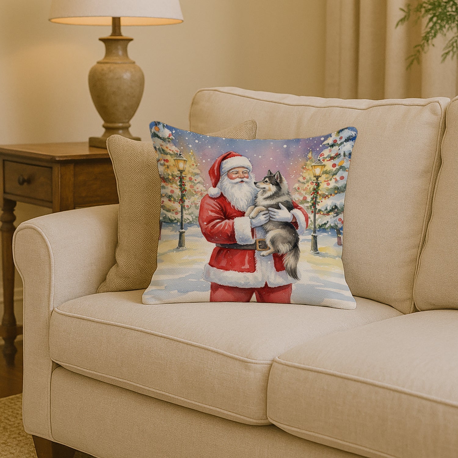 Keeshond with Santa Claus Decorative Throw Pillow 14x14 Indoor Outdoor Accent Cushion, Fabric Cover with Insert for Sofa, Bed, Porch & Living Room