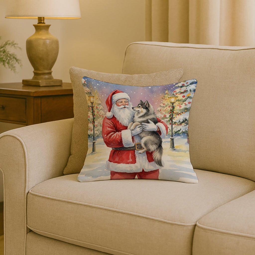Keeshond with Santa Claus Decorative Throw Pillow 18x18 Indoor Outdoor Accent Cushion, Fabric Cover with Insert for Sofa, Bed, Porch & Living Room