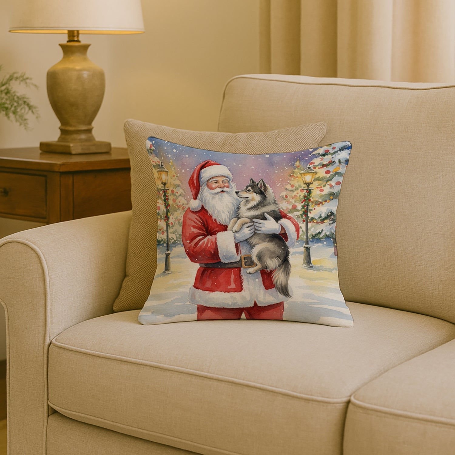 Keeshond with Santa Claus Decorative Throw Pillow 18x18 Indoor Outdoor Accent Cushion, Fabric Cover with Insert for Sofa, Bed, Porch & Living Room