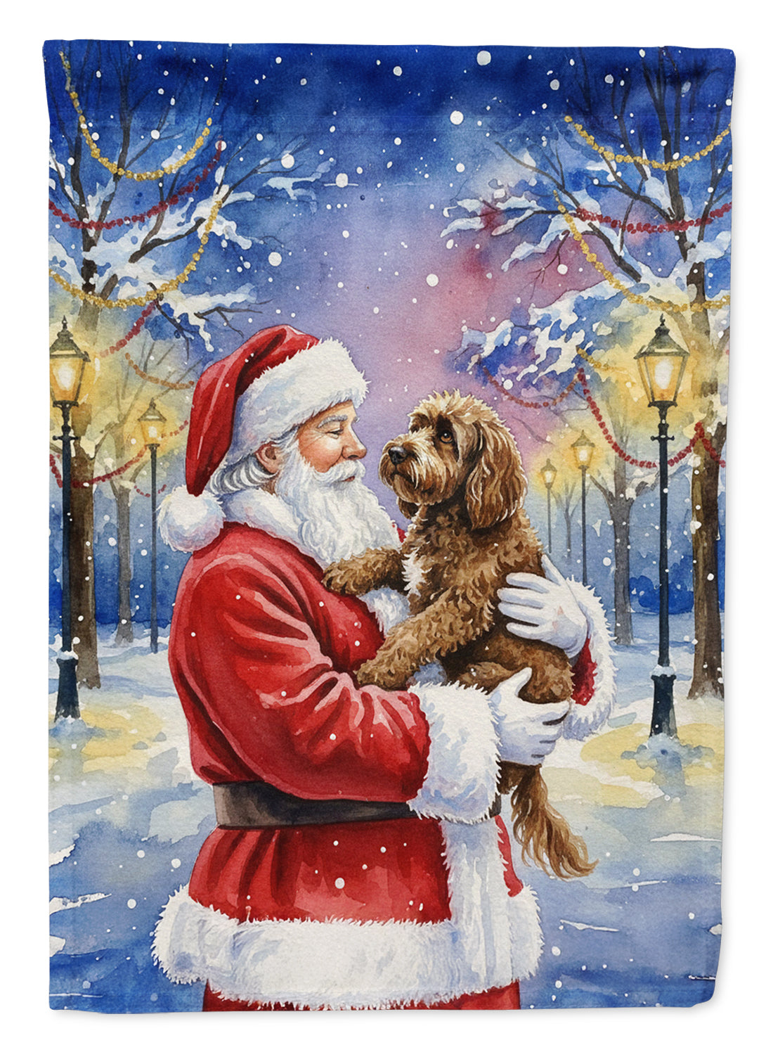 Chocolate Labradoodle with Santa Claus House Flag 28x40 Porch Sleeve Pole Decorative Outside Yard Banner Artwork Wall Hanging, Polyester