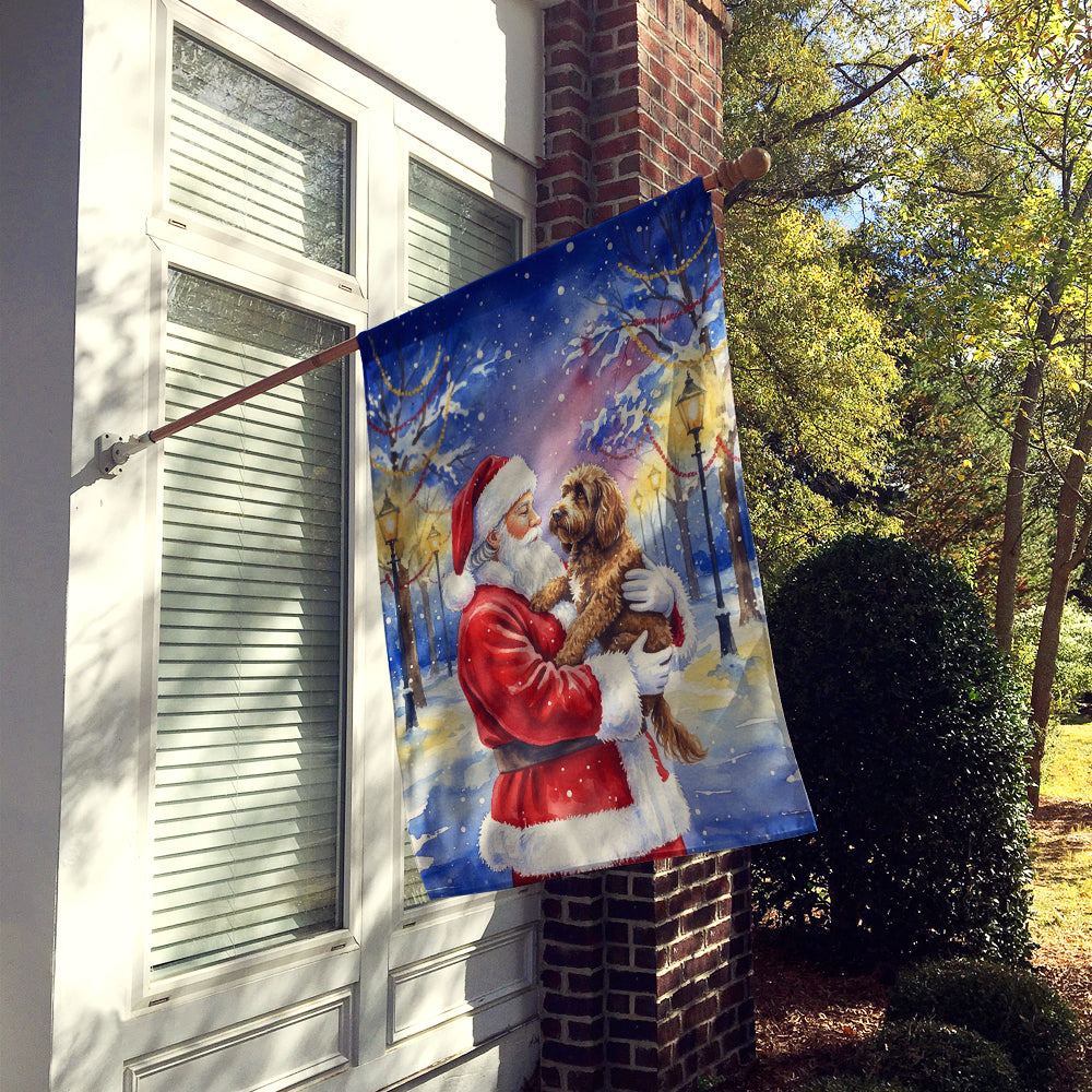 Chocolate Labradoodle with Santa Claus House Flag 28x40 Porch Sleeve Pole Decorative Outside Yard Banner Artwork Wall Hanging, Polyester