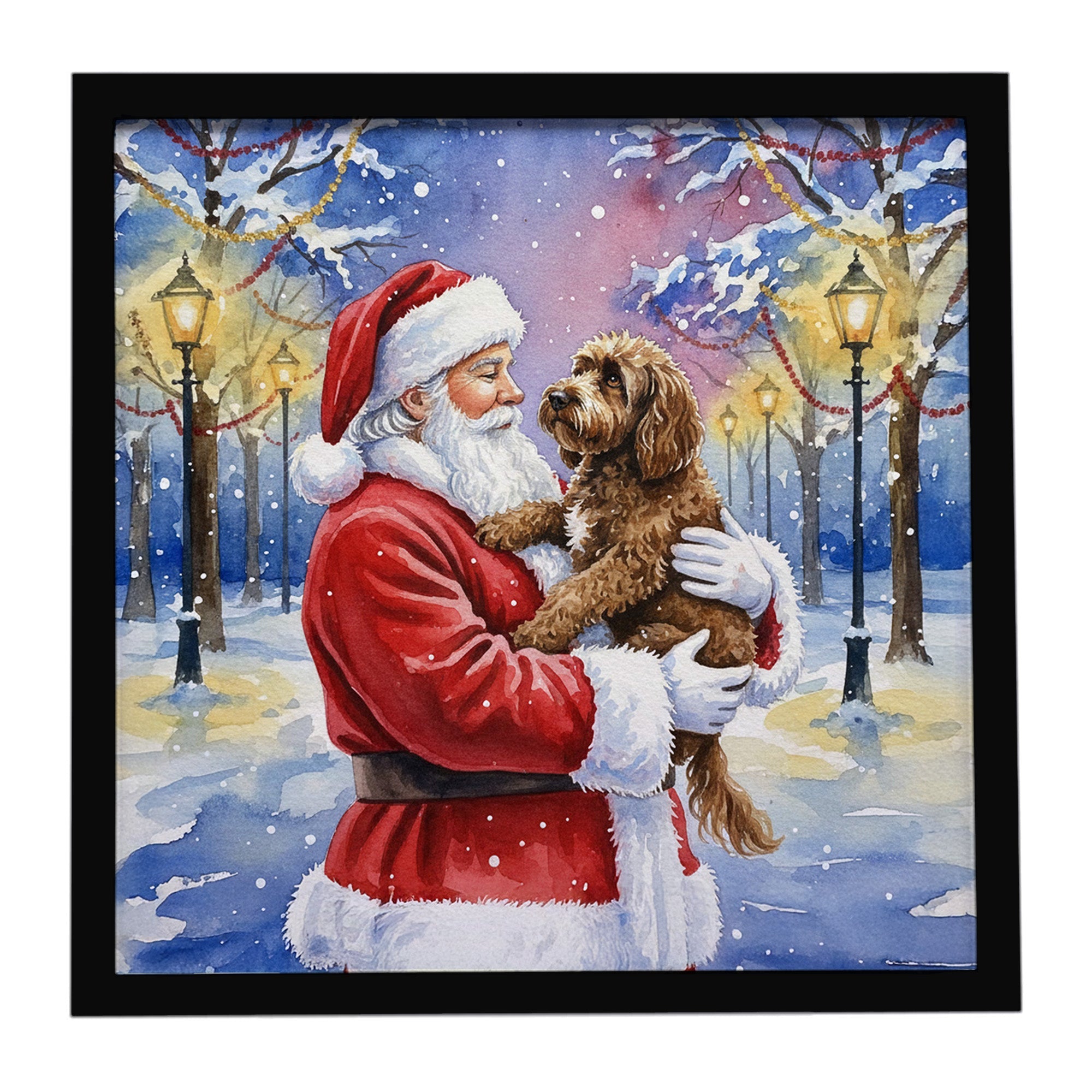 Chocolate Labradoodle with Santa Claus Framed Metal Print Bathroom, Kitchen, Office, Home Decor Wall Art Ready to Hang, Square, 8X8