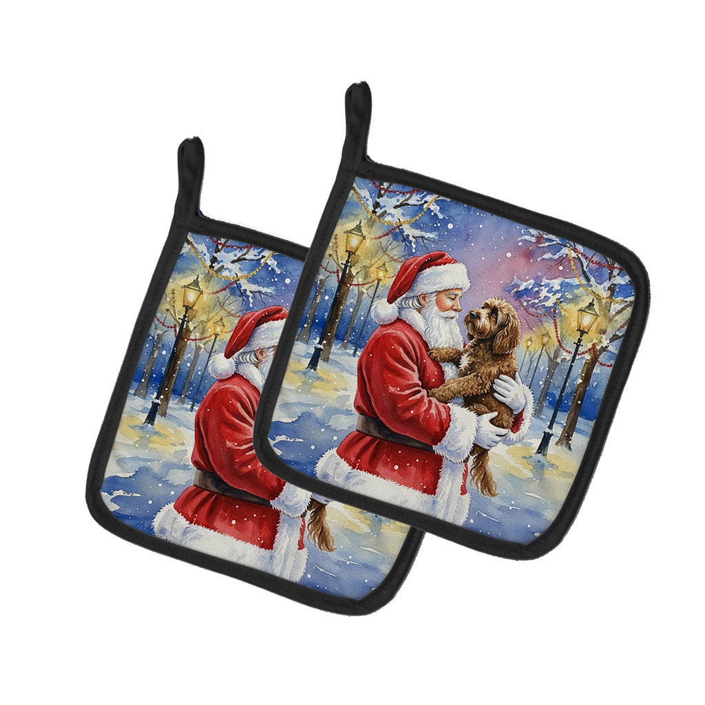 Chocolate Labradoodle with Santa Claus Pot Holder Set of 2 Heat Resistant Quilted Hot Pads 7.5 x 7.5 Inch, Insulated Kitchen Trivets for Cooking & Baking