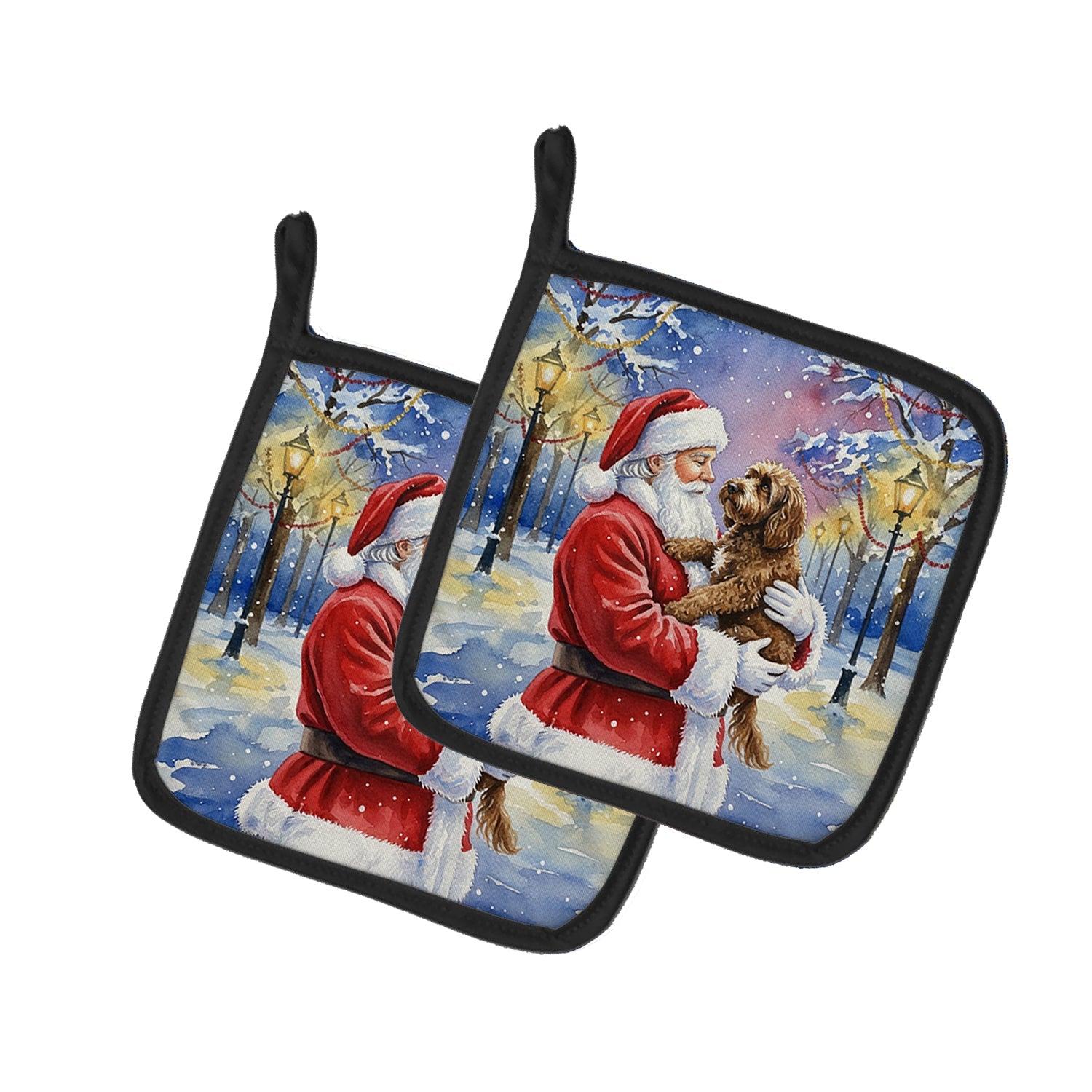 Chocolate Labradoodle with Santa Claus Pot Holder Set of 2 Heat Resistant Quilted Hot Pads 7.5 x 7.5 Inch, Insulated Kitchen Trivets for Cooking & Baking