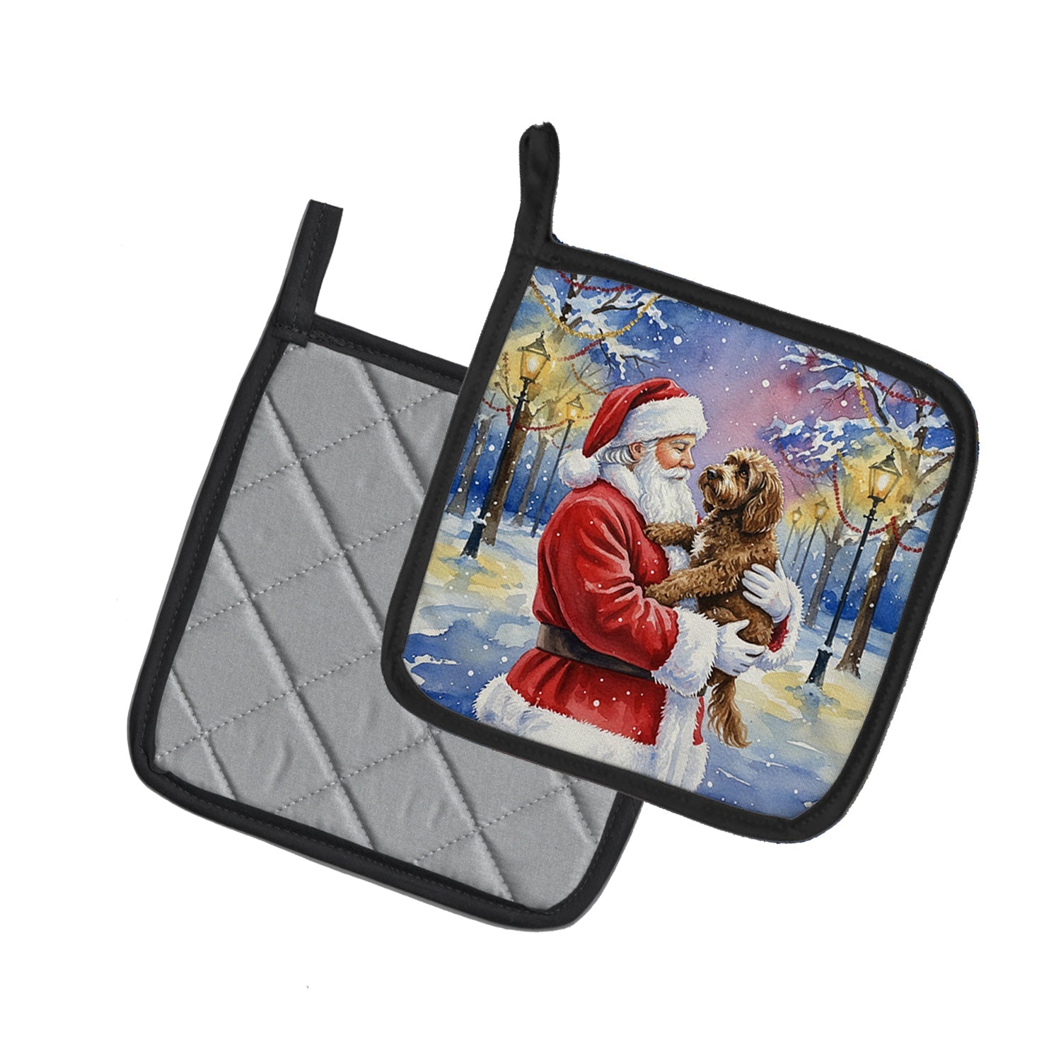 Chocolate Labradoodle with Santa Claus Pot Holder Set of 2 Heat Resistant Quilted Hot Pads 7.5 x 7.5 Inch, Insulated Kitchen Trivets for Cooking & Baking