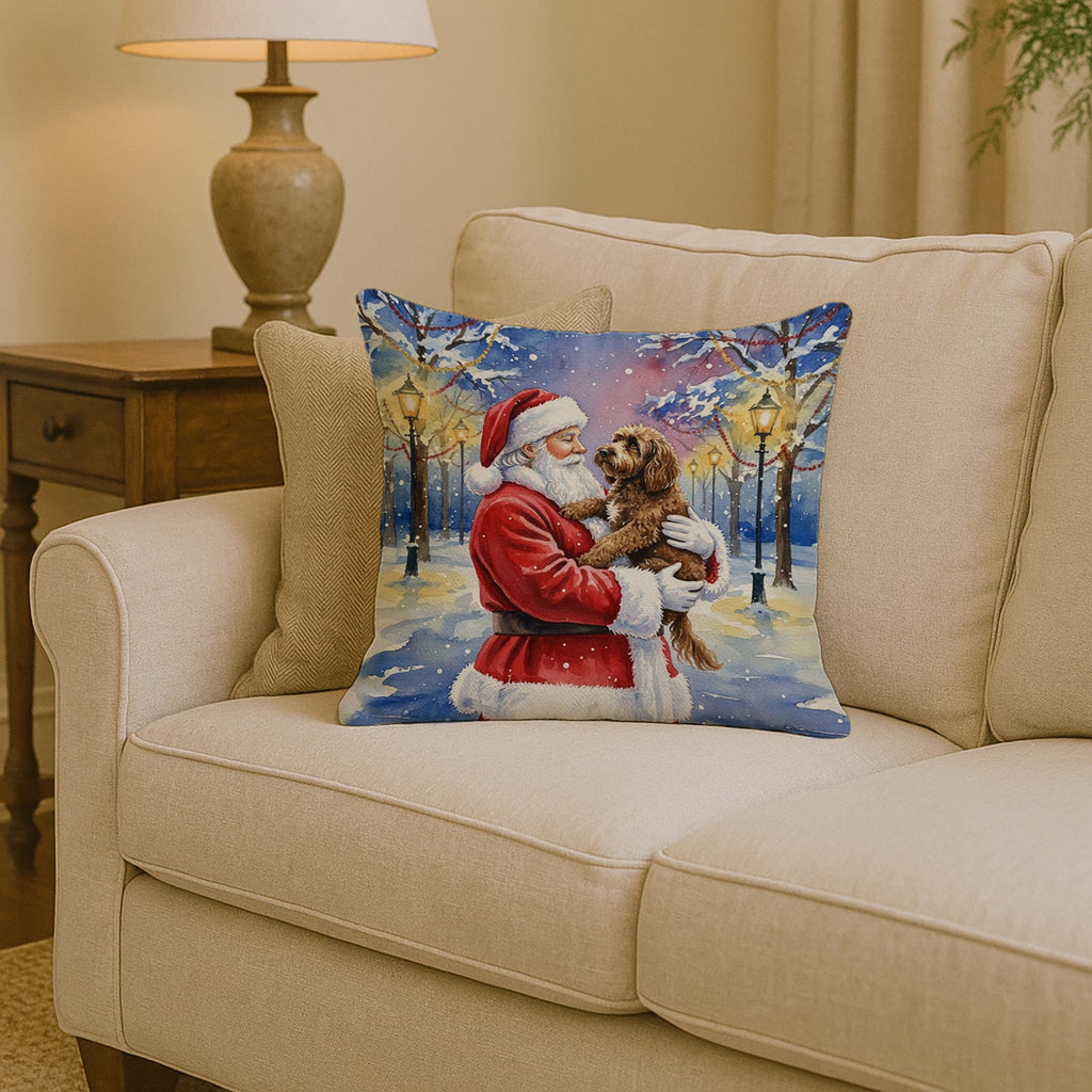 Chocolate Labradoodle with Santa Claus Decorative Throw Pillow 14x14 Indoor Outdoor Accent Cushion, Fabric Cover with Insert for Sofa, Bed, Porch & Living Room