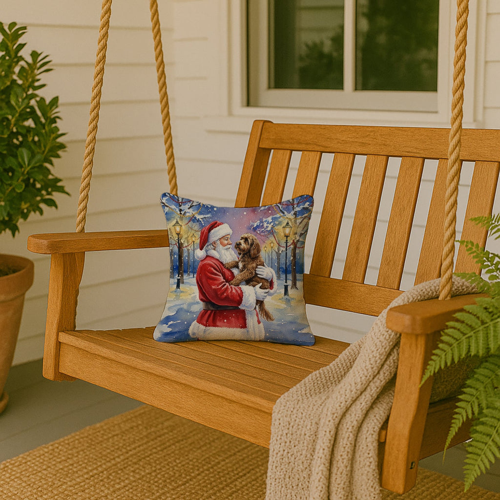 Chocolate Labradoodle with Santa Claus Decorative Throw Pillow 14x14 Indoor Outdoor Accent Cushion, Fabric Cover with Insert for Sofa, Bed, Porch & Living Room