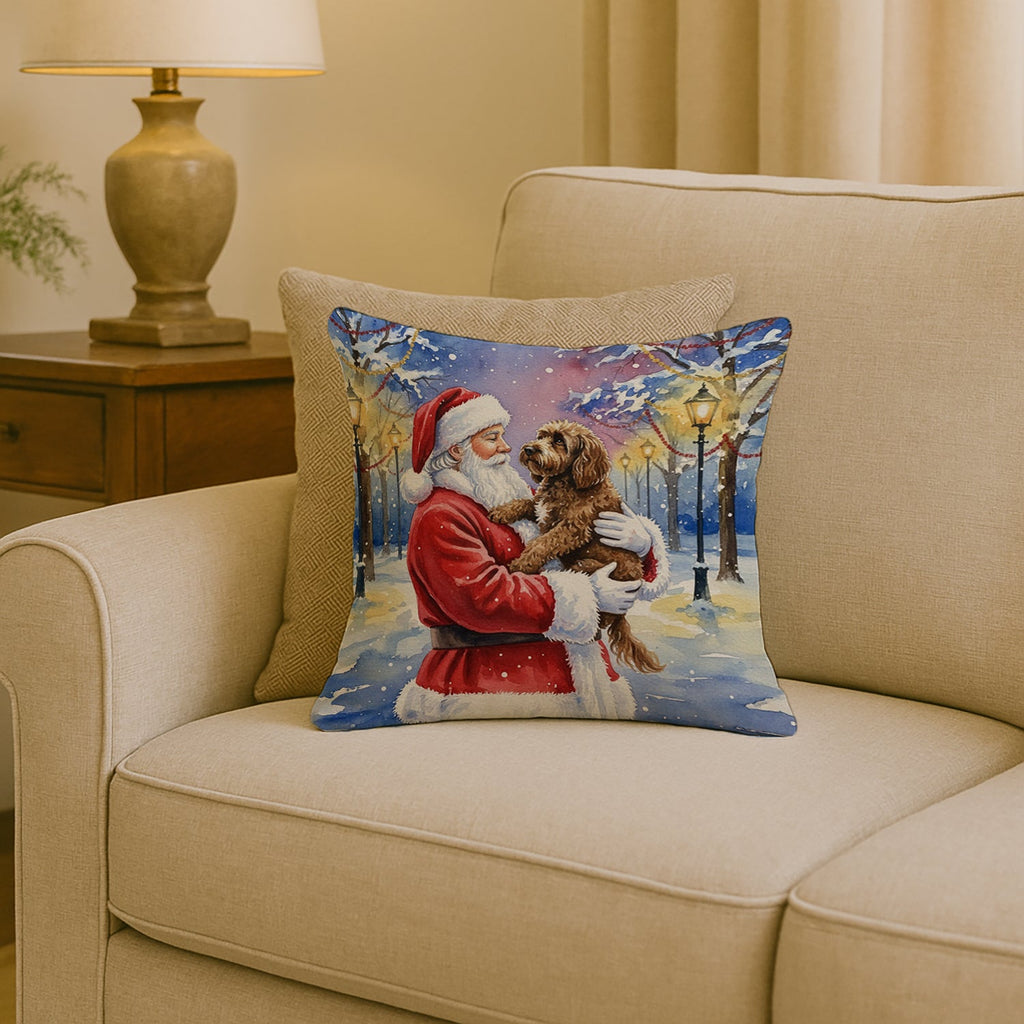 Chocolate Labradoodle with Santa Claus Decorative Throw Pillow 18x18 Indoor Outdoor Accent Cushion, Fabric Cover with Insert for Sofa, Bed, Porch & Living Room