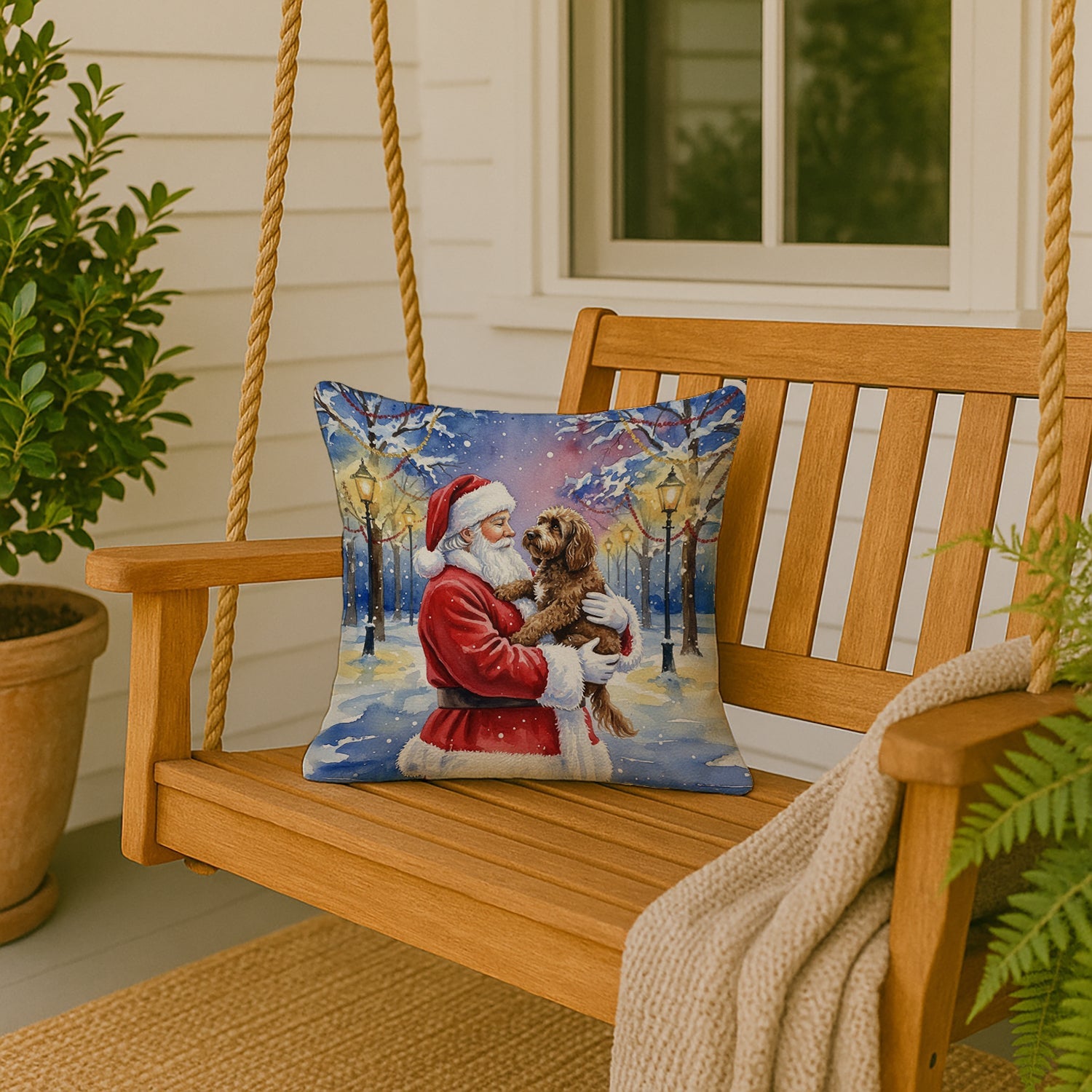 Chocolate Labradoodle with Santa Claus Decorative Throw Pillow 18x18 Indoor Outdoor Accent Cushion, Fabric Cover with Insert for Sofa, Bed, Porch & Living Room