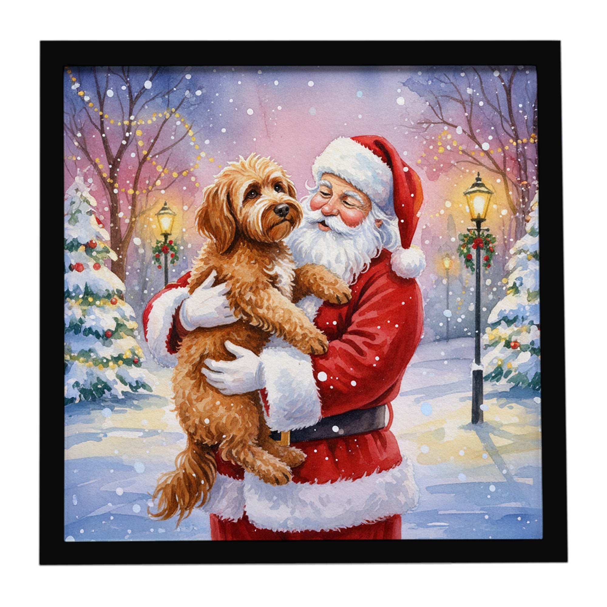 Labradoodle with Santa Claus Framed Metal Print Bathroom, Kitchen, Office, Home Decor Wall Art Ready to Hang, Square, 8X8