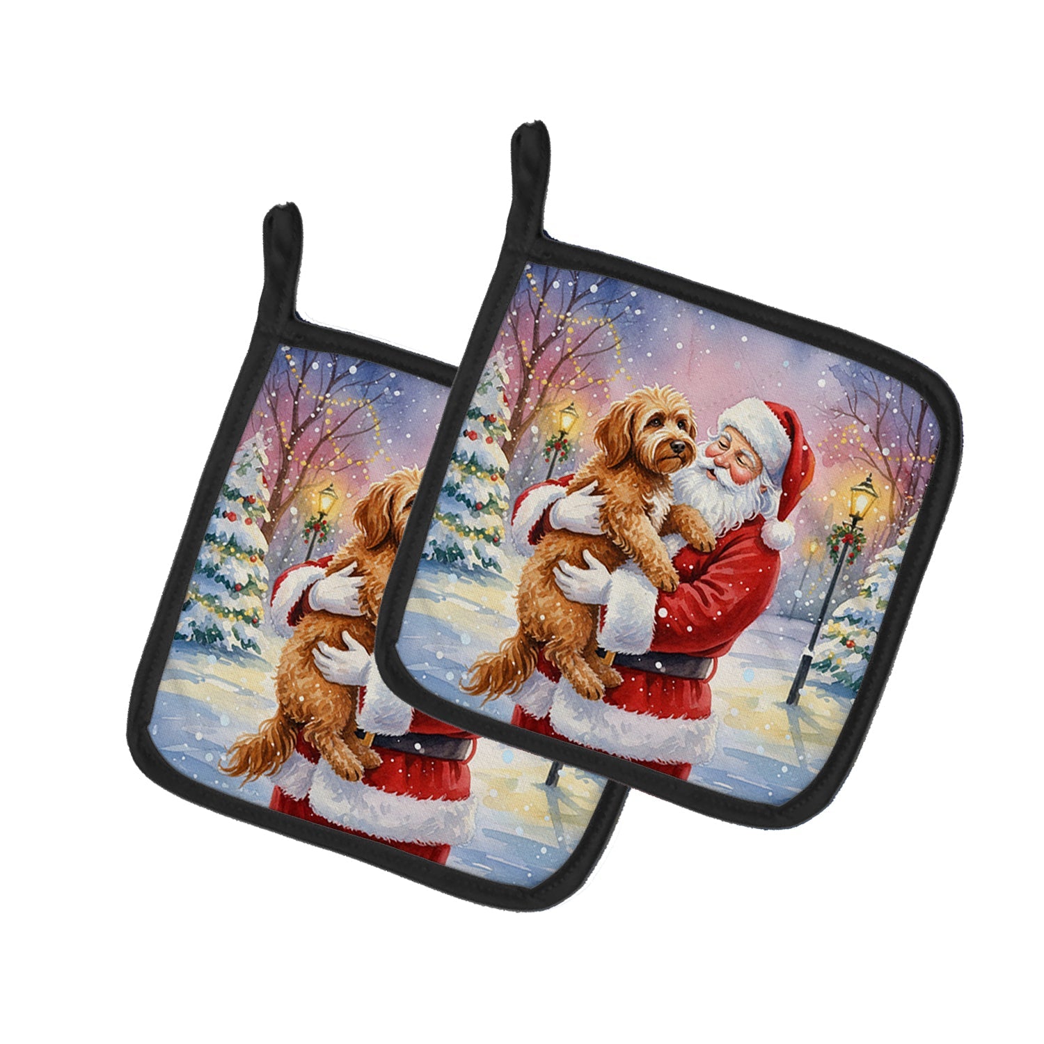 Labradoodle with Santa Claus Pot Holder Set of 2 Heat Resistant Quilted Hot Pads 7.5 x 7.5 Inch, Insulated Kitchen Trivets for Cooking & Baking