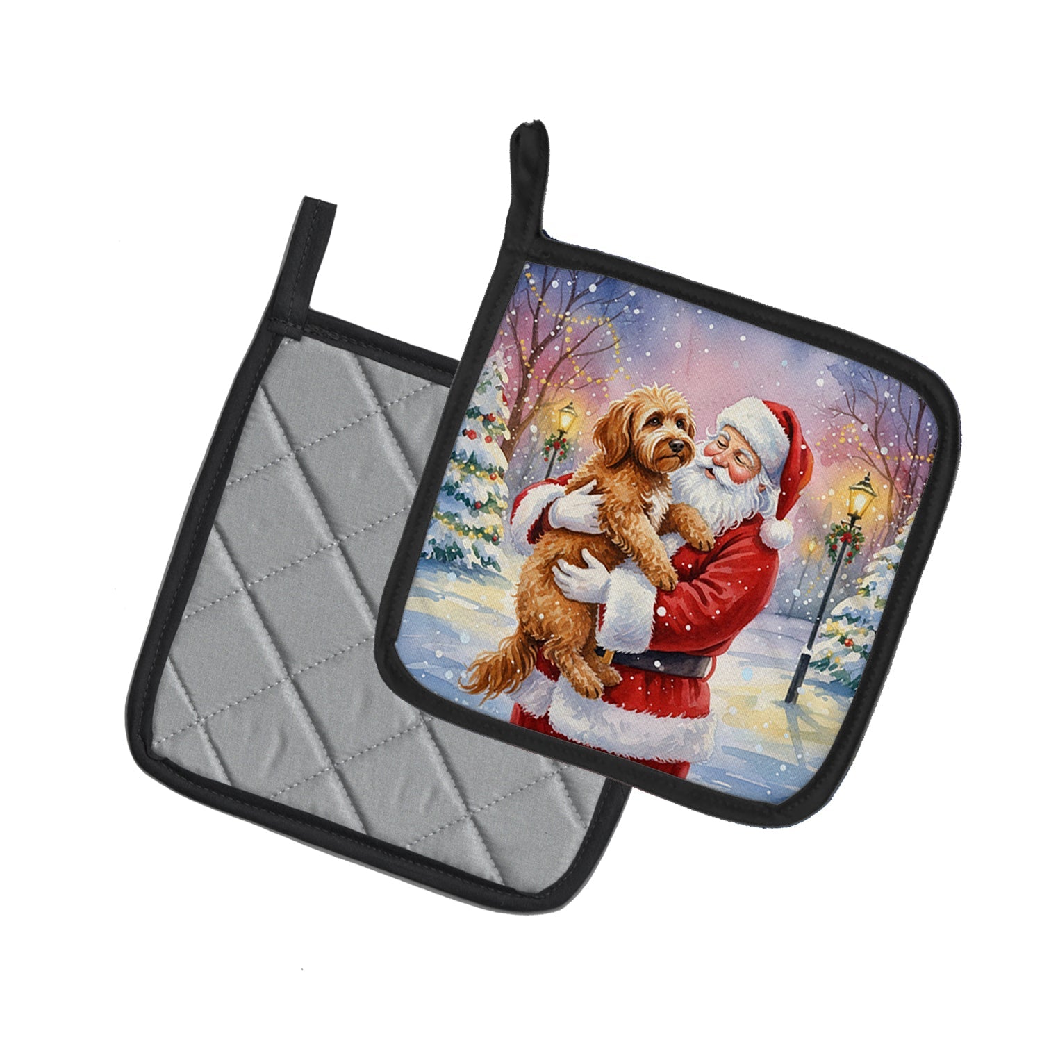 Labradoodle with Santa Claus Pot Holder Set of 2 Heat Resistant Quilted Hot Pads 7.5 x 7.5 Inch, Insulated Kitchen Trivets for Cooking & Baking