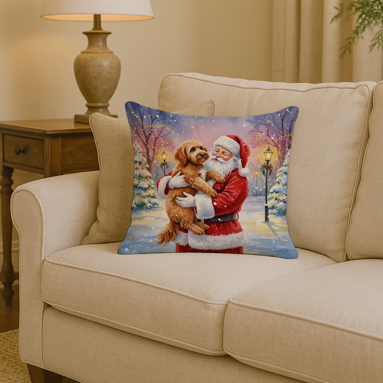 Labradoodle with Santa Claus Decorative Throw Pillow 14x14 Indoor Outdoor Accent Cushion, Fabric Cover with Insert for Sofa, Bed, Porch & Living Room