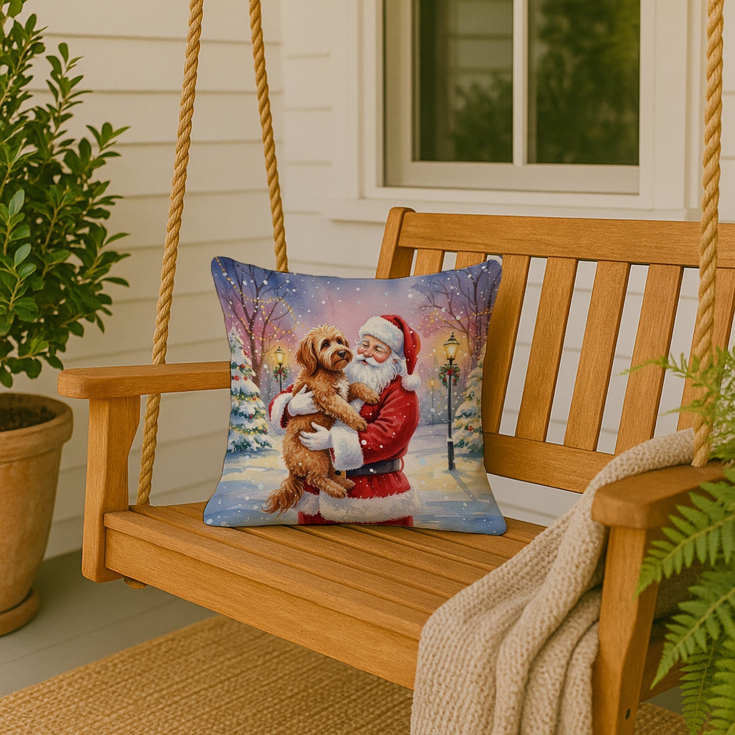 Labradoodle with Santa Claus Decorative Throw Pillow 18x18 Indoor Outdoor Accent Cushion, Fabric Cover with Insert for Sofa, Bed, Porch & Living Room