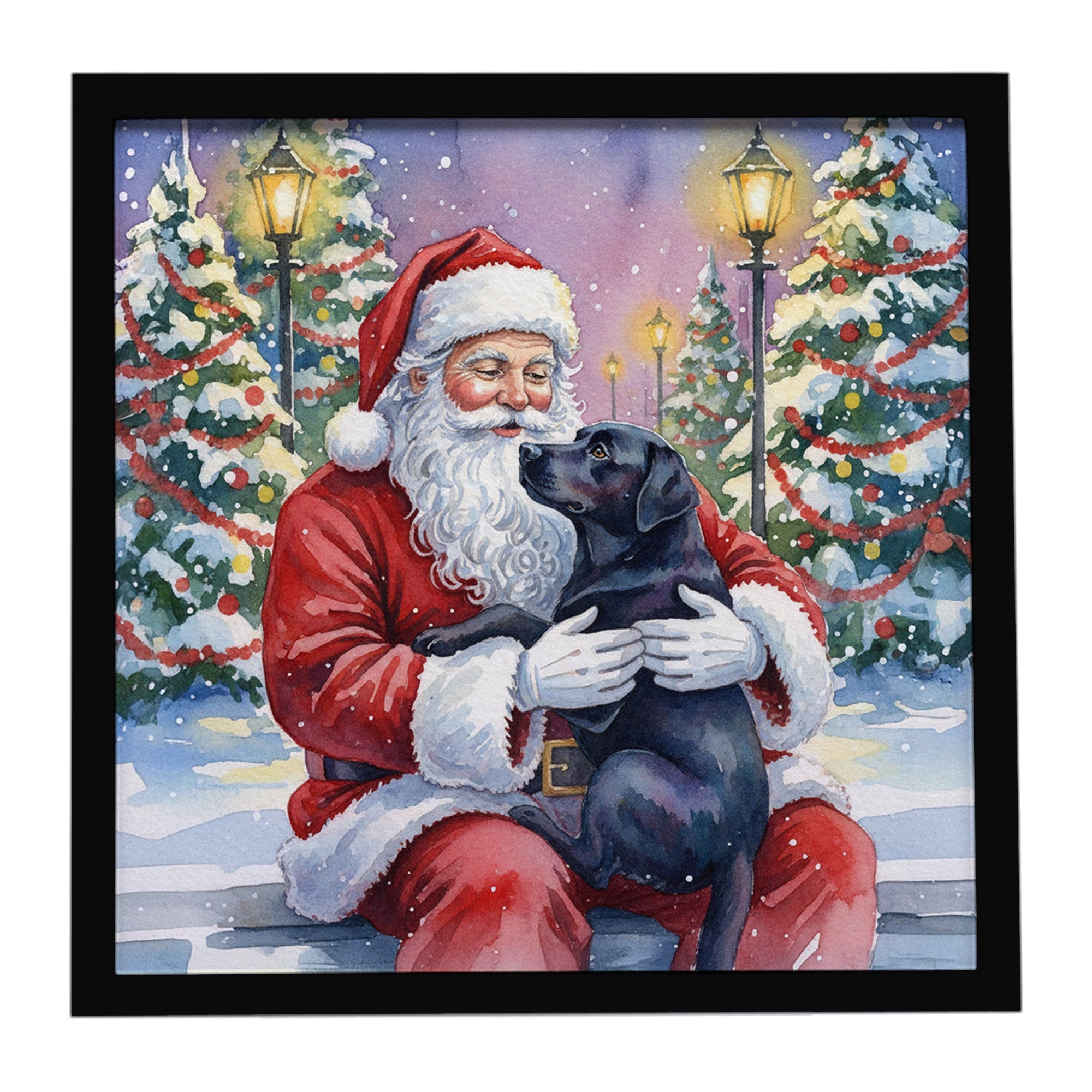 Black Labrador Retriever with Santa Claus Framed Metal Print Bathroom, Kitchen, Office, Home Decor Wall Art Ready to Hang, Square, 8X8