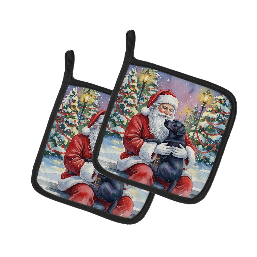 Black Labrador Retriever with Santa Claus Pot Holder Set of 2 Heat Resistant Quilted Hot Pads 7.5 x 7.5 Inch, Insulated Kitchen Trivets for Cooking & Baking