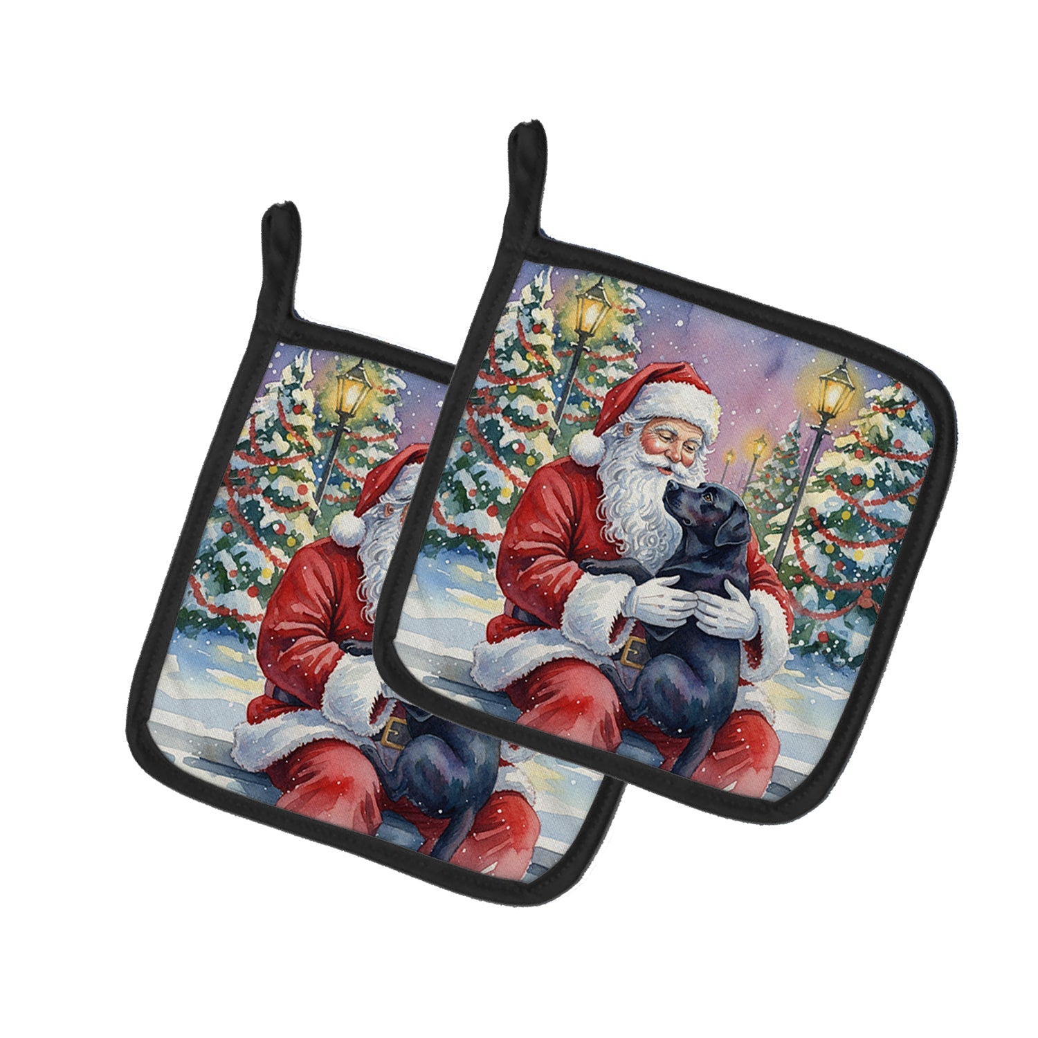 Black Labrador Retriever with Santa Claus Pot Holder Set of 2 Heat Resistant Quilted Hot Pads 7.5 x 7.5 Inch, Insulated Kitchen Trivets for Cooking & Baking