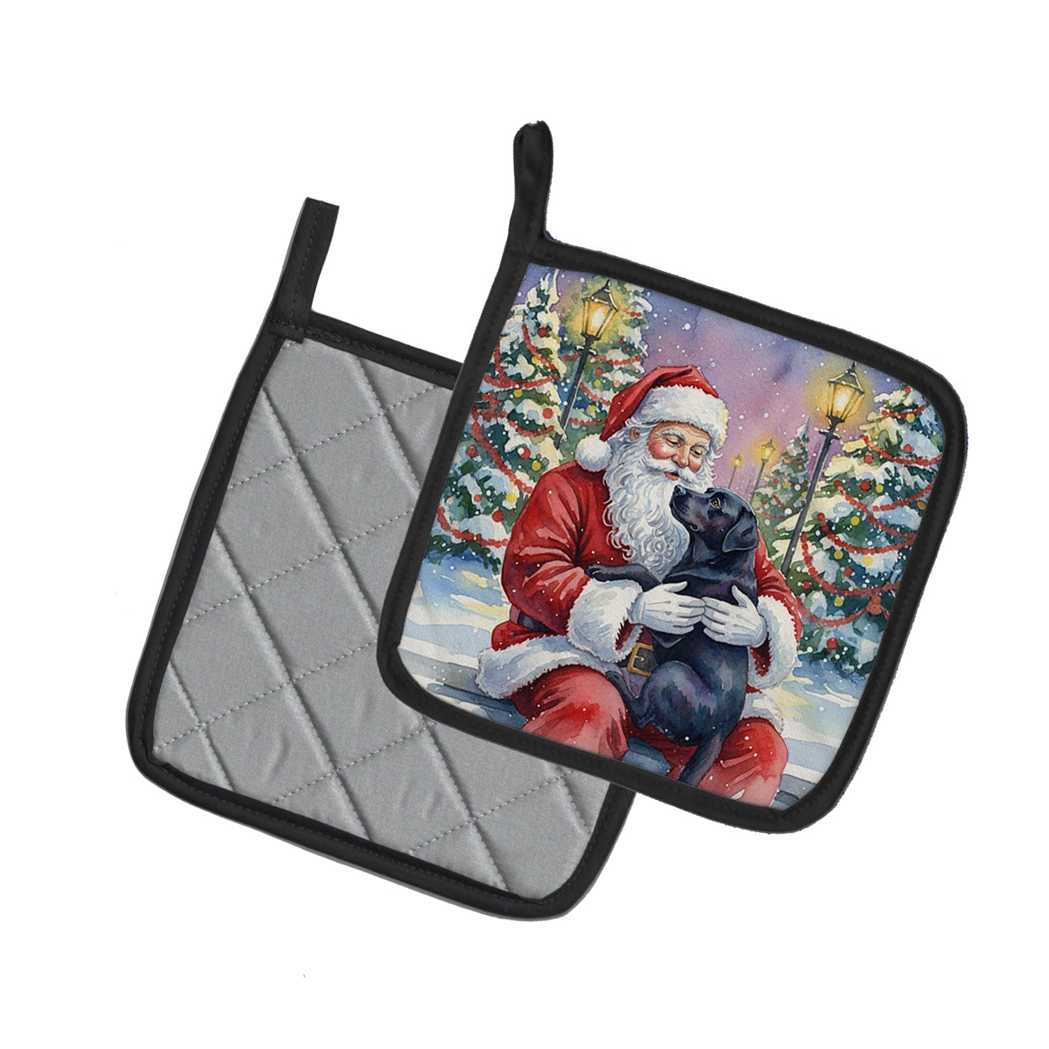 Black Labrador Retriever with Santa Claus Pot Holder Set of 2 Heat Resistant Quilted Hot Pads 7.5 x 7.5 Inch, Insulated Kitchen Trivets for Cooking & Baking