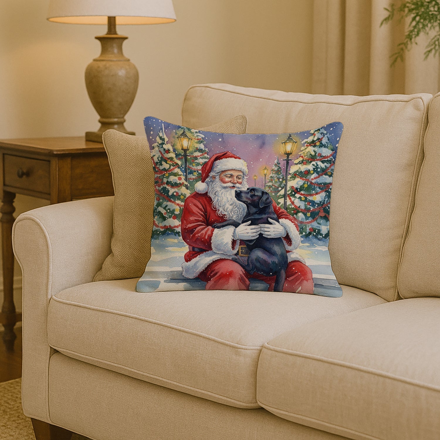 Black Labrador Retriever with Santa Claus Decorative Throw Pillow 14x14 Indoor Outdoor Accent Cushion, Fabric Cover with Insert for Sofa, Bed, Porch & Living Room