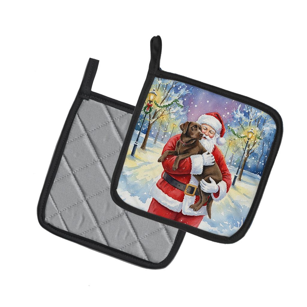 Chocolate Labrador Retriever with Santa Claus Pot Holder Set of 2 Heat Resistant Quilted Hot Pads 7.5 x 7.5 Inch, Insulated Kitchen Trivets for Cooking & Baking