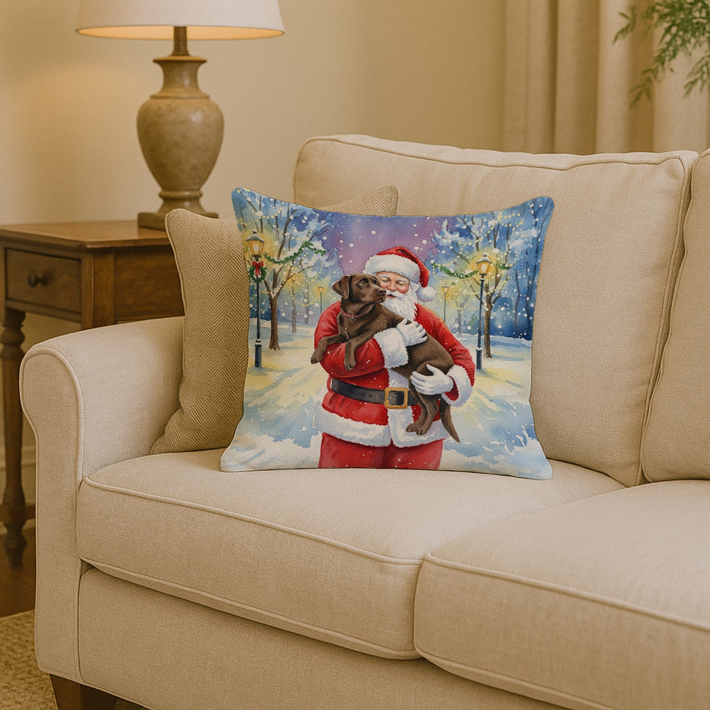 Chocolate Labrador Retriever with Santa Claus Decorative Throw Pillow 14x14 Indoor Outdoor Accent Cushion, Fabric Cover with Insert for Sofa, Bed, Porch & Living Room