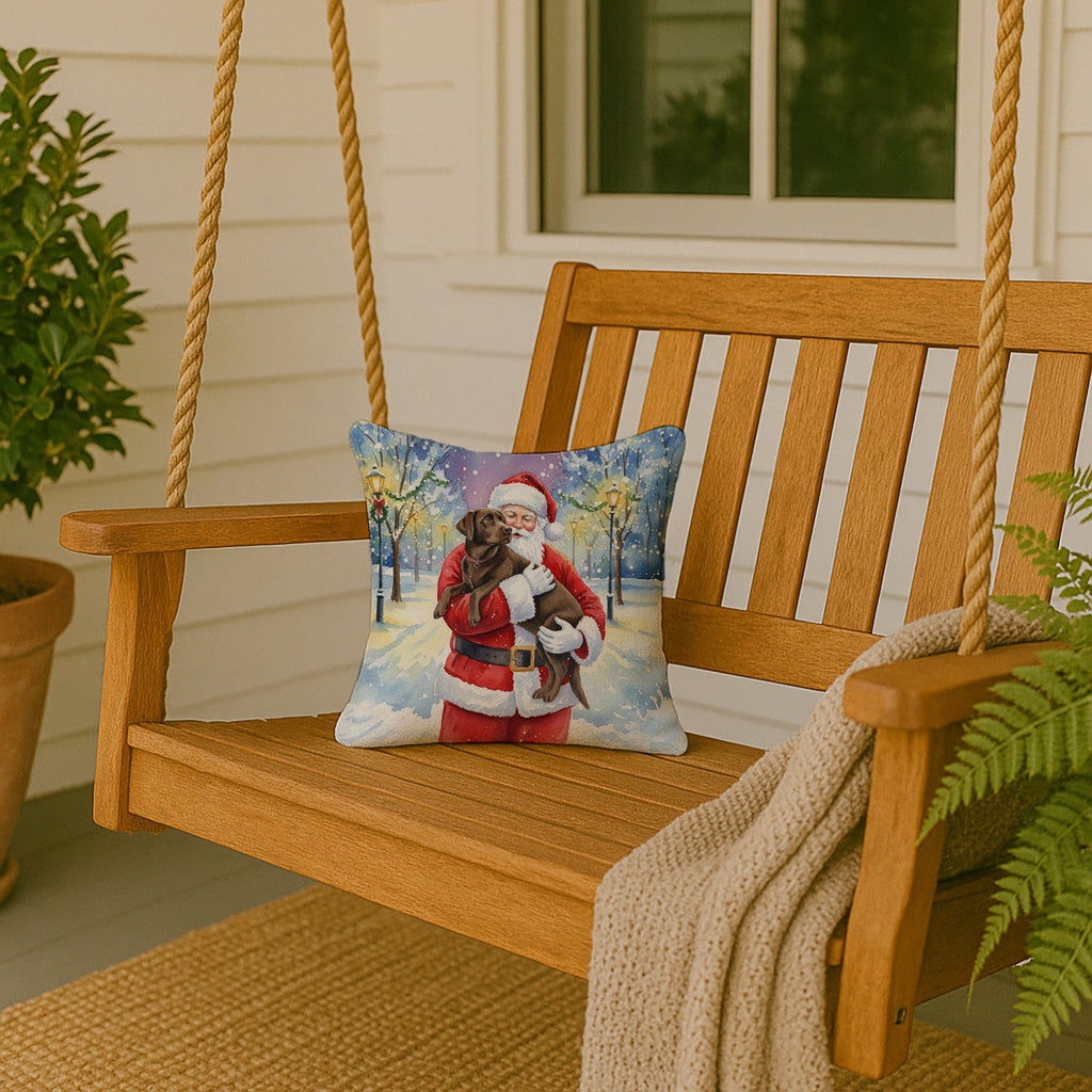 Chocolate Labrador Retriever with Santa Claus Decorative Throw Pillow 14x14 Indoor Outdoor Accent Cushion, Fabric Cover with Insert for Sofa, Bed, Porch & Living Room