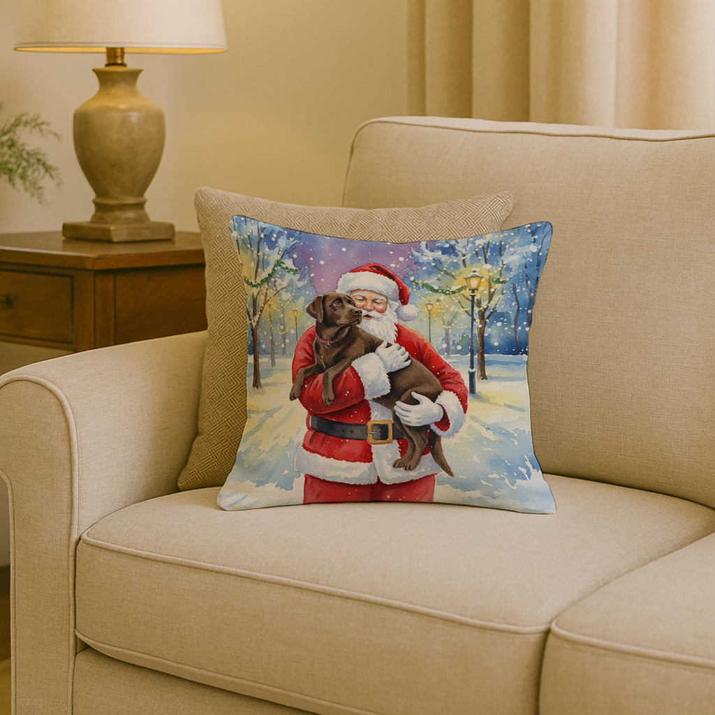 Chocolate Labrador Retriever with Santa Claus Decorative Throw Pillow 18x18 Indoor Outdoor Accent Cushion, Fabric Cover with Insert for Sofa, Bed, Porch & Living Room