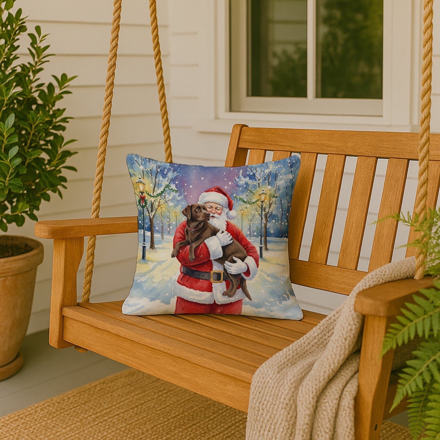 Chocolate Labrador Retriever with Santa Claus Decorative Throw Pillow 18x18 Indoor Outdoor Accent Cushion, Fabric Cover with Insert for Sofa, Bed, Porch & Living Room