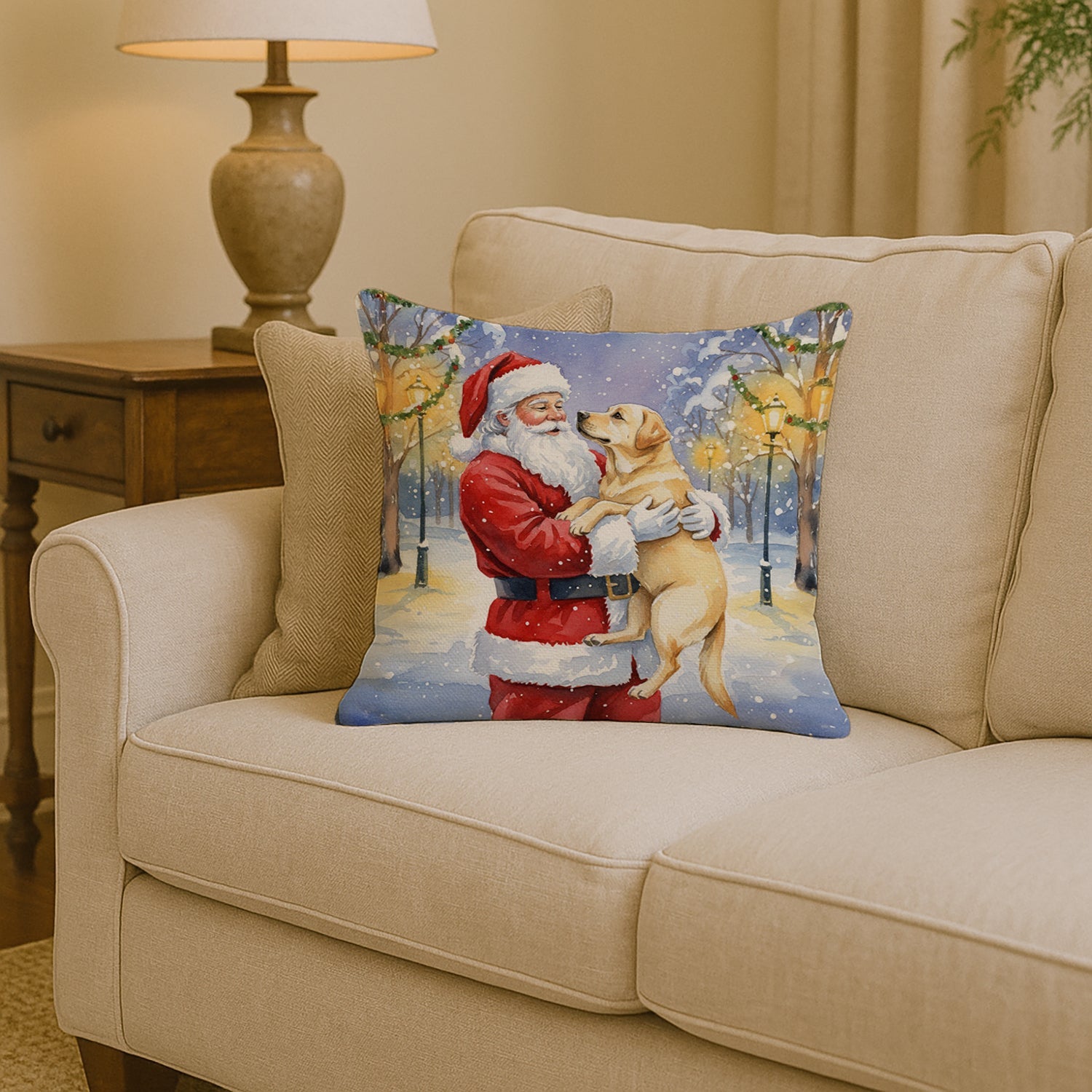 Yellow Labrador Retriever with Santa Claus Decorative Throw Pillow 14x14 Indoor Outdoor Accent Cushion, Fabric Cover with Insert for Sofa, Bed, Porch & Living Room
